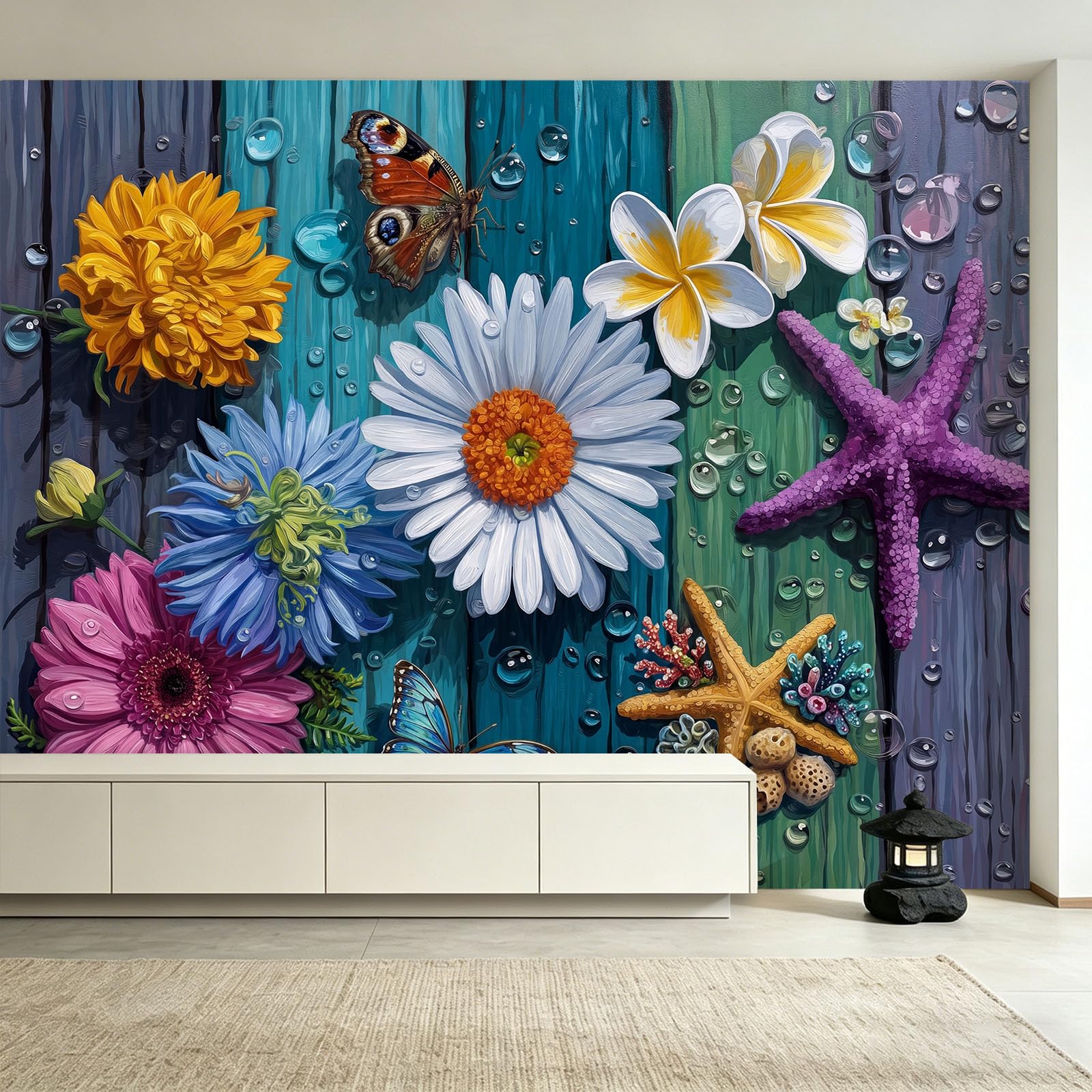 Générique Panoramiczna tapeta Panoramiczna Gwiazda Morza Ziarno Drewna 350 x 256 cm (szer. x wys.) plakat ścienny 3D, dekoracja ścienna premium, akwarela 3D projekt do salonu, sypialni i pokoju