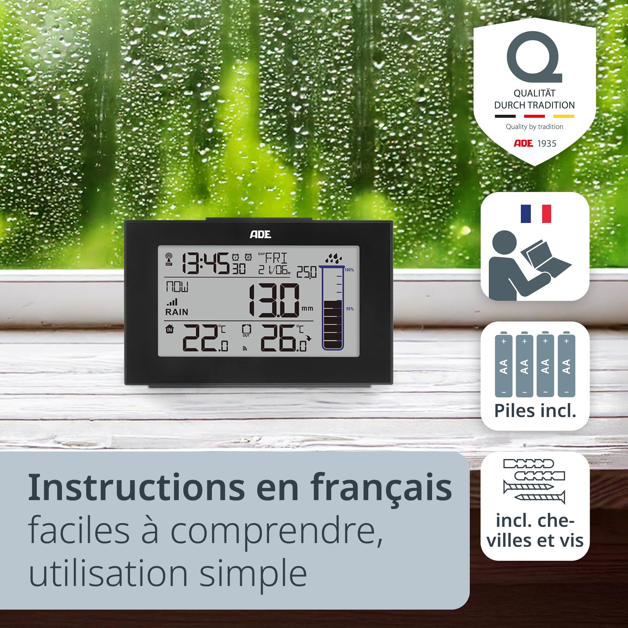 ADE Pluviomètre exterieur jardin | resistant au gel | station météo avec thermomètre interieur et exterieur sans fil | horloge radiopilotée avec 2 heures de reveil | affichage de la date | piles incl.