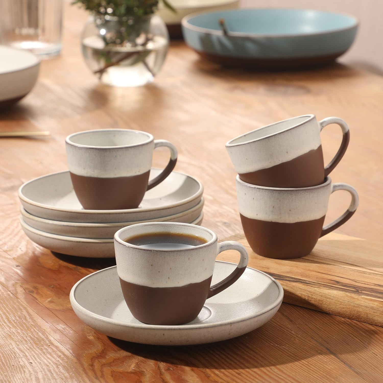 Gibson Elite William Crest 8 Piece Cup & Saucer Set, 4 Stoneware Cups & 4 Saucers, Reactive Glaze Finish, 3.5oz Espresso Cups, 5.5” Saucers, Round Coffee Set, Microwave & Dishwasher Safe - Ash White