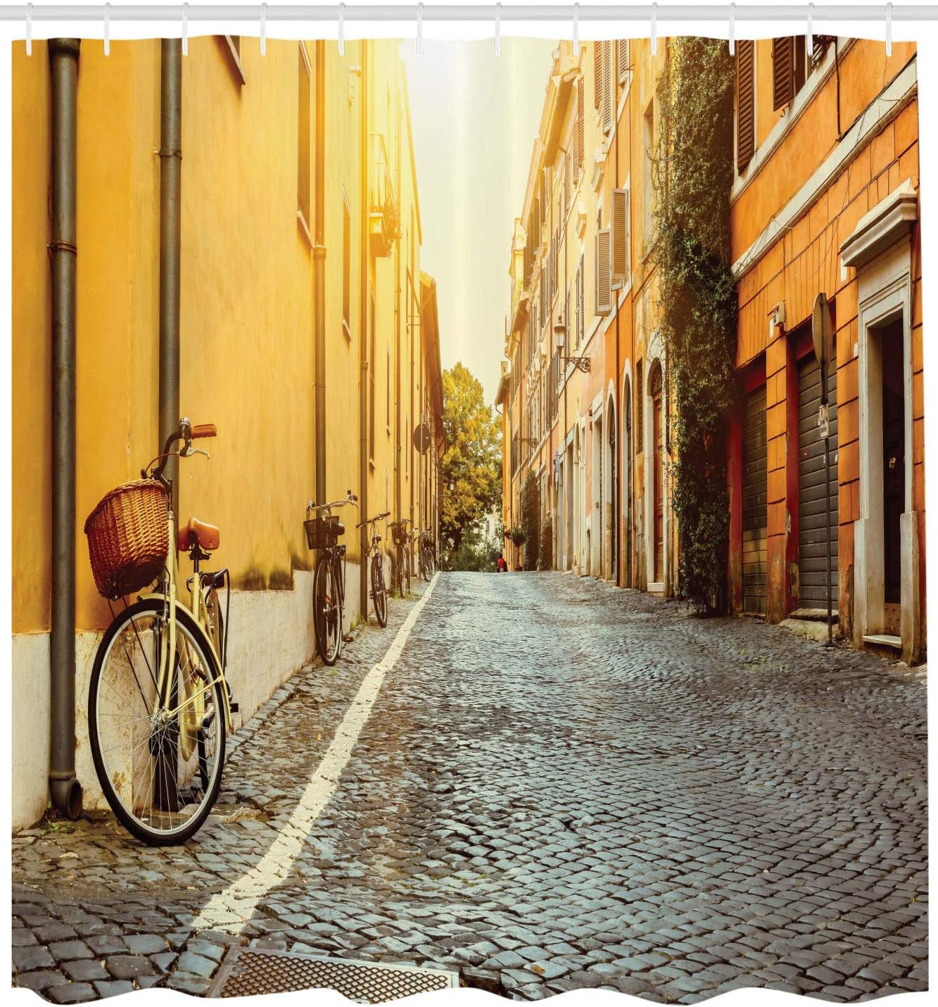 Ambesonne Scenery Art Shower Curtain, Street in Rome Italy Bicycle Travel Honeymoon Destinations, Cloth Fabric Bathroom Decor Set with Hooks, 69" W x 84" L, Earth Yellow and Blue Grey