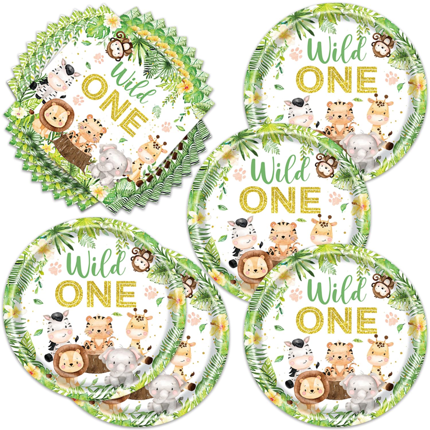 Egami 40pcs Wild One Party Supplies,include 20 Dessert plate and 20 Napkin,Jungle Animal Birthday Plate Napkin Set,Used for Baby shower Party