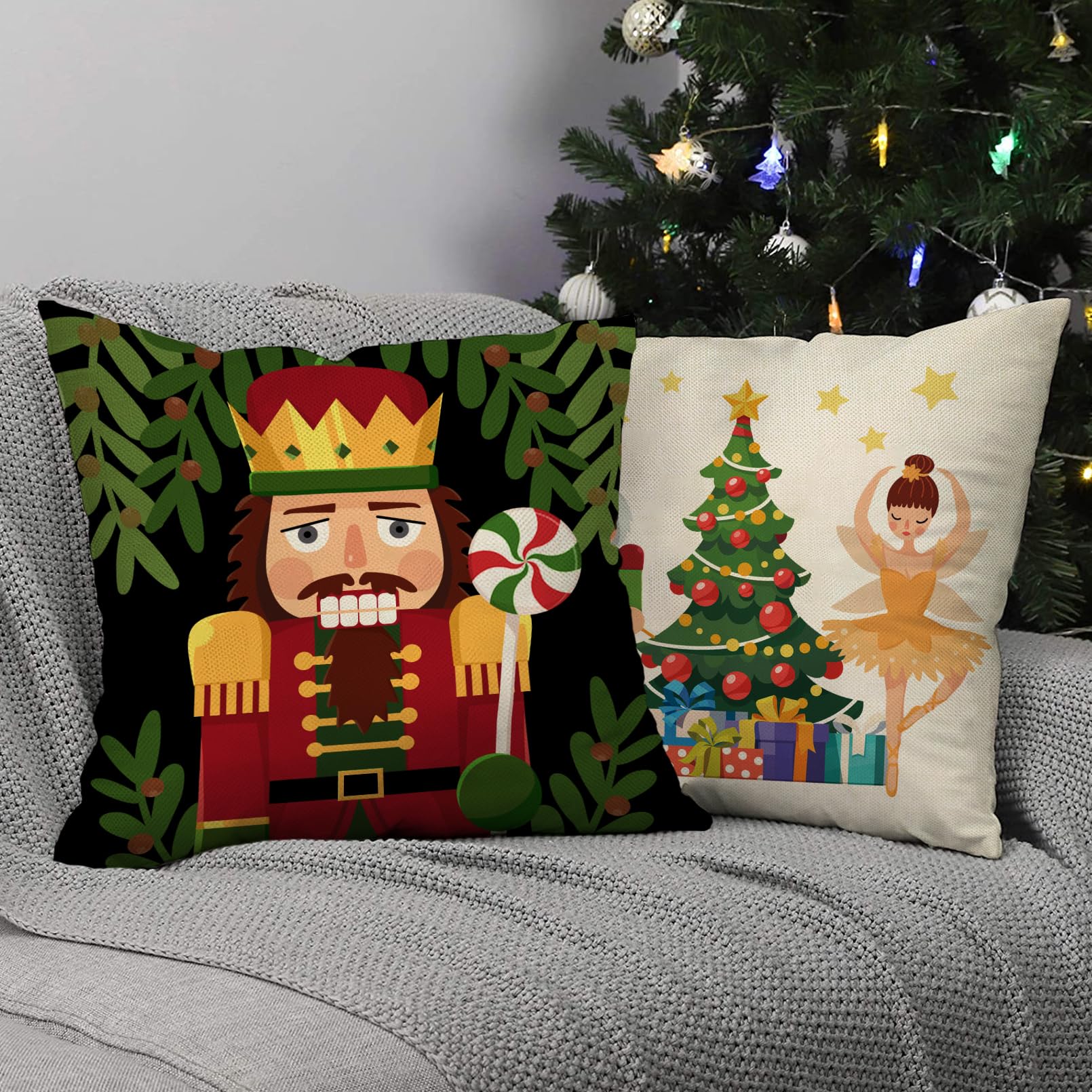 4er-Set Weihnachts-Kissenbezüge – 45x45 Cm, Flachs, Mit Motiven Wie Nussknacker & „Frohe Weihnachten“