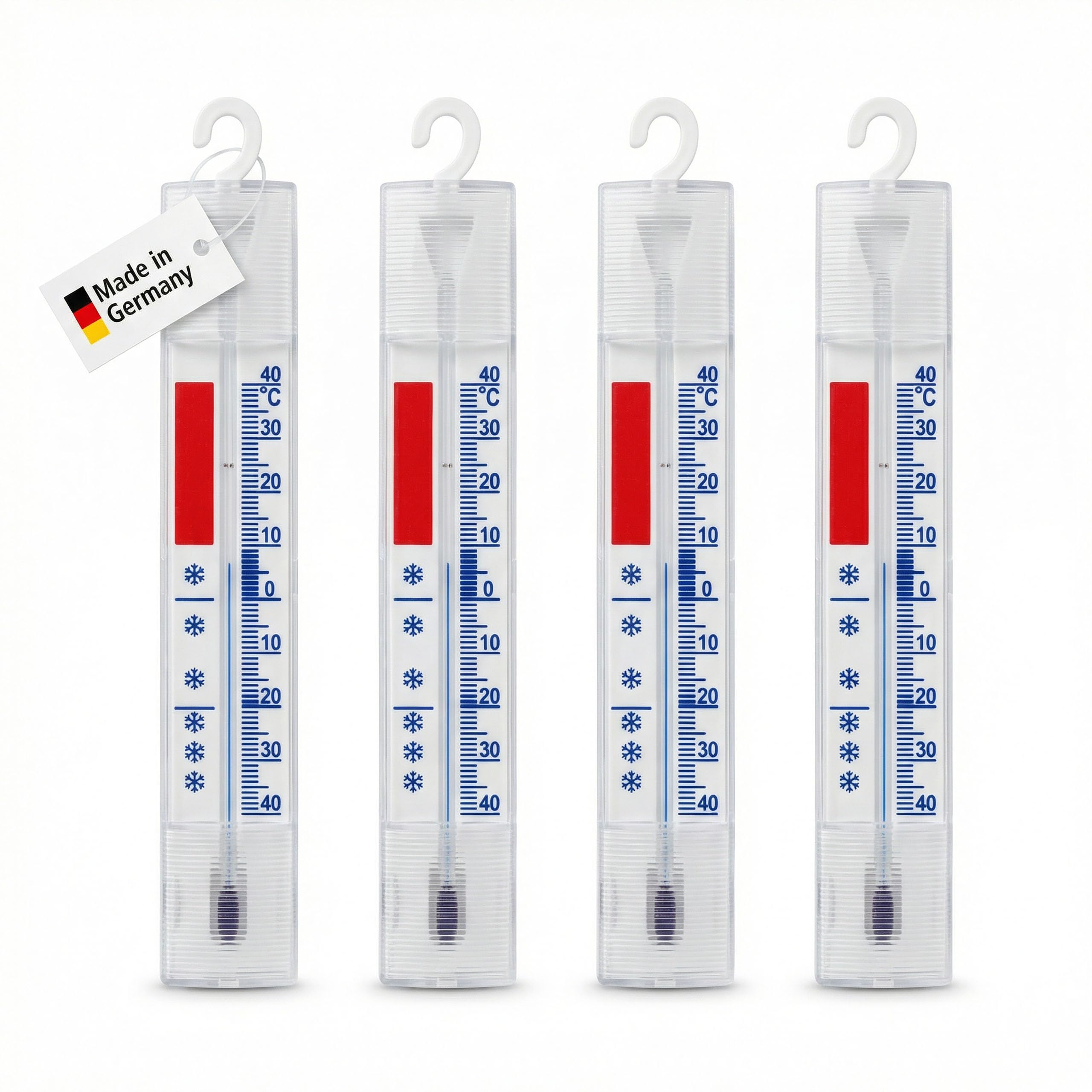 Lantelme 4 Stück Kühlschrankthermometer Set Temperatur + - 40°C Analog 15cm länge mit Haken zum aufhängen | Thermometer für Gefrierschrank Kühlschrank Kühltruhe Kühltheke