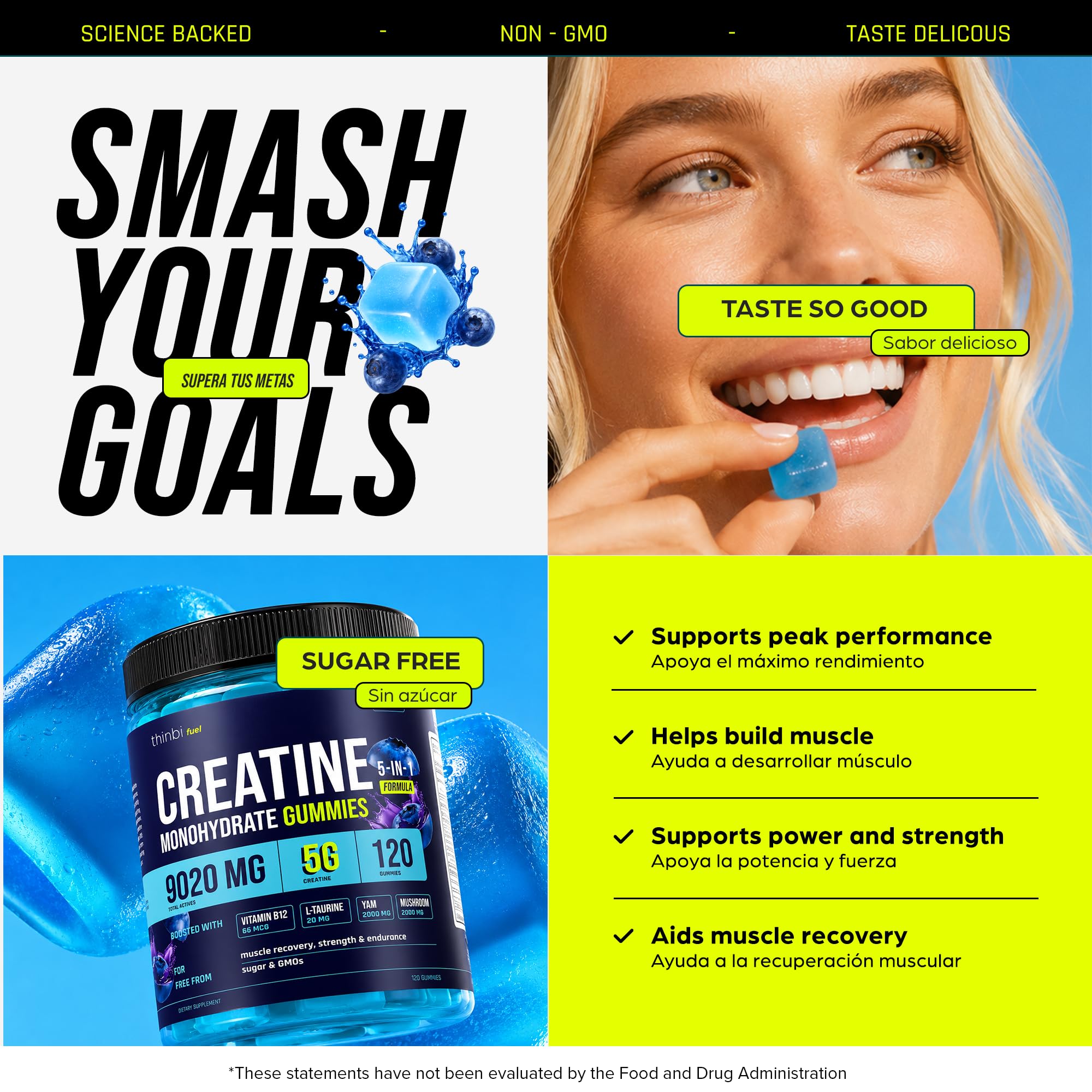 Thinbi Creatine Gummies for Women & Men, Monohydrate, Blueberry, 120 Count — Amazon image 4