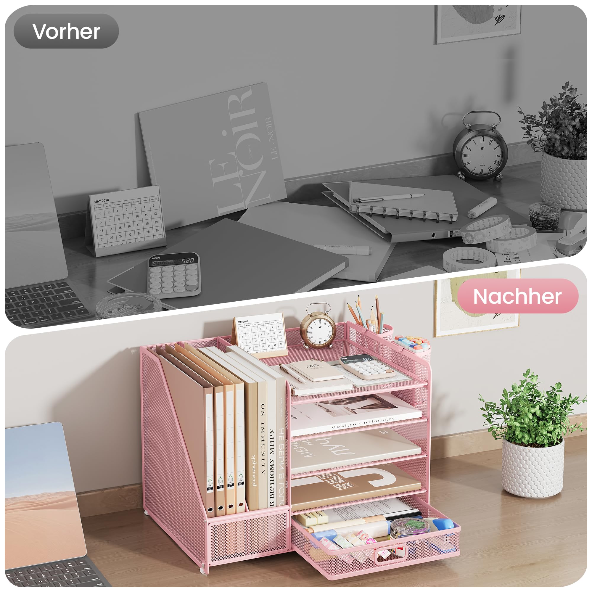 VITVITI Schreibtisch Organizer, 5 Ebenen Briefablage mit Schubladen, Aktenhalter mit 2 Stiftehalter, Büro Organizer mit Stehsammlere, Bürobedarf für A4 Dokumentenablag (Rosa)