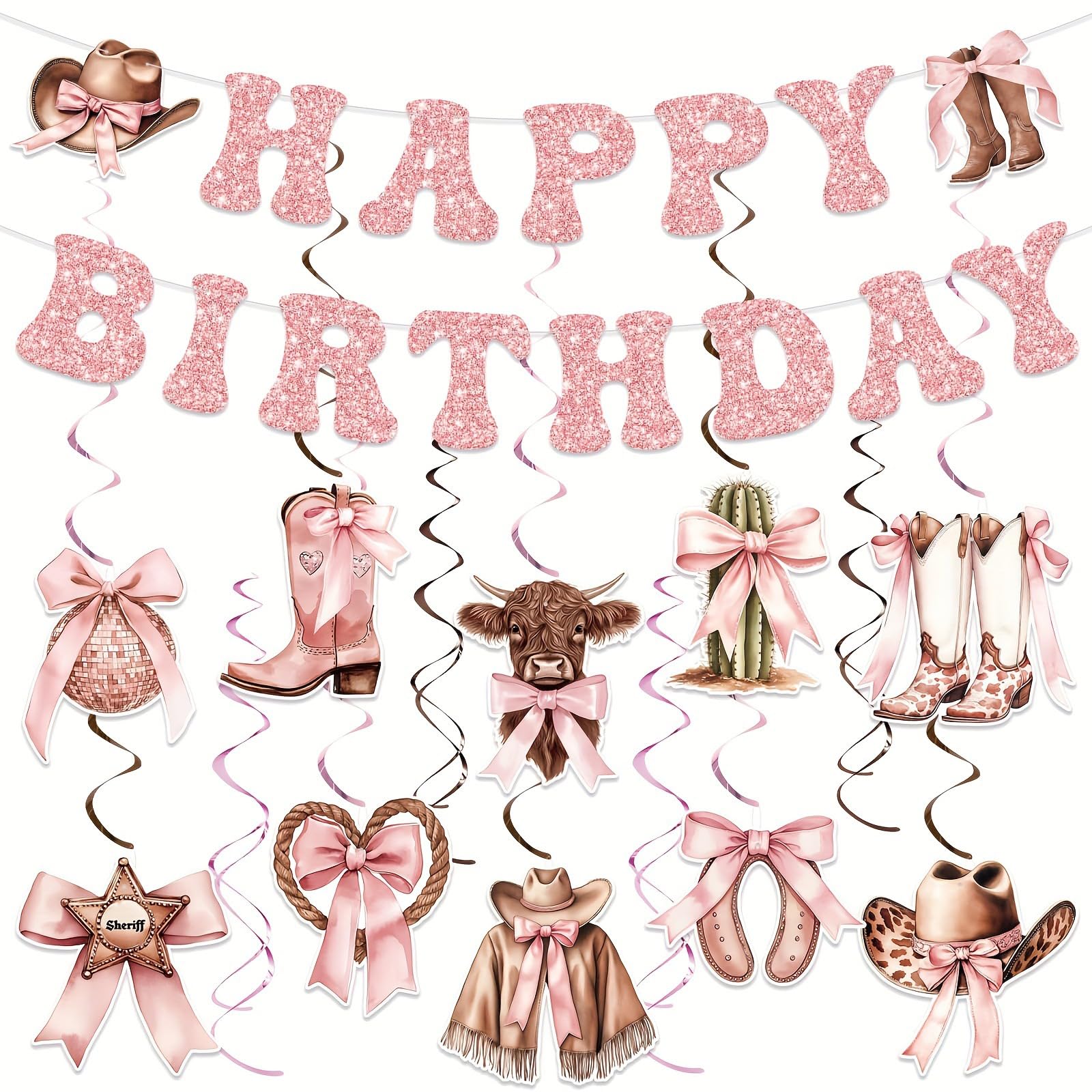 12pcs Cowgirl Birthday Decorations, Pink Western Party Decorations, Happy Birthday Banner & Hanging Swirls, Boots & Bows Birthday Decor for Girls Women, Cowgirl Party Supplies for Showers