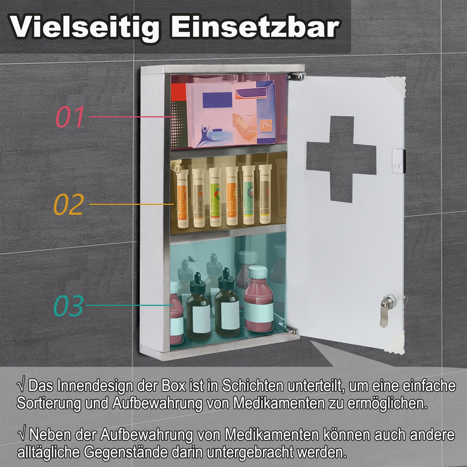 LILIIN Armoire à pharmacie en acier inoxydable avec 3 compartiments avec porte en verre et 2 clés - Armoire de premiers secours - 30 x 12 x 50 cm