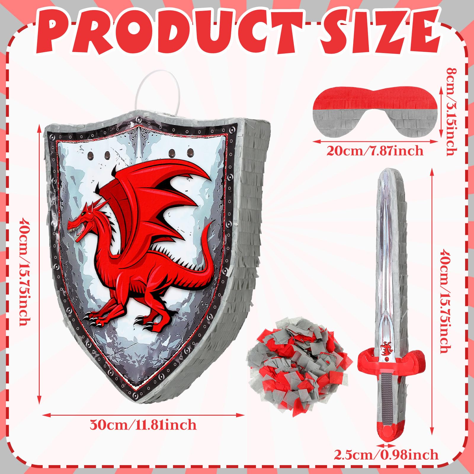 Leyndo Lot de 4 piñata de fête de Noël sur le thème du dragon rouge avec bouclier festif, bandeau pour les yeux, épée médiévale chauve-souris et confettis pour enfants, décorations de fête de Noël,