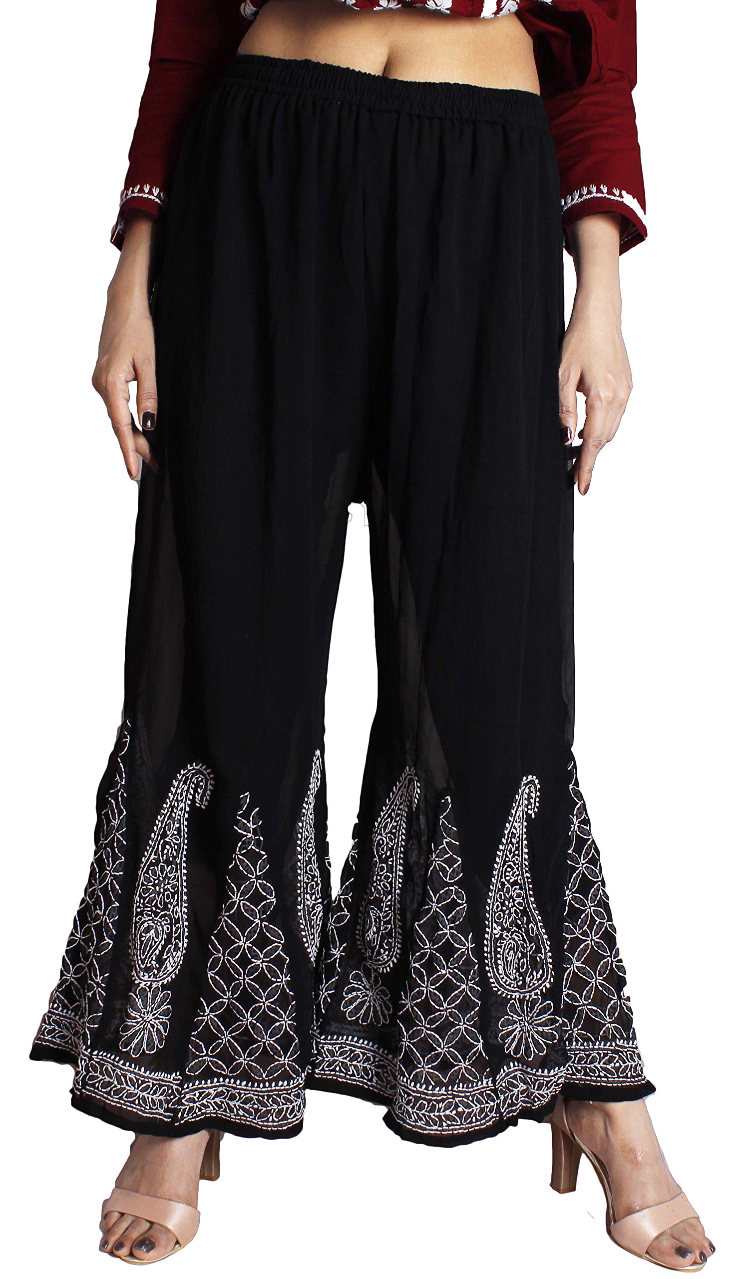 khaka Women's Faux Georgette Lucknowi Chikankari Flared Sharara With Cotton Lining Attached Inside-picture-42