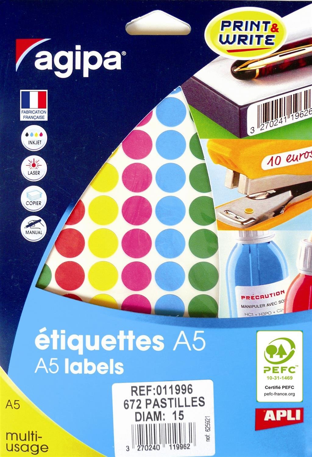Apli 11996 Etui A5 672 Pastilles Adhésives couleurs assorties 15mm