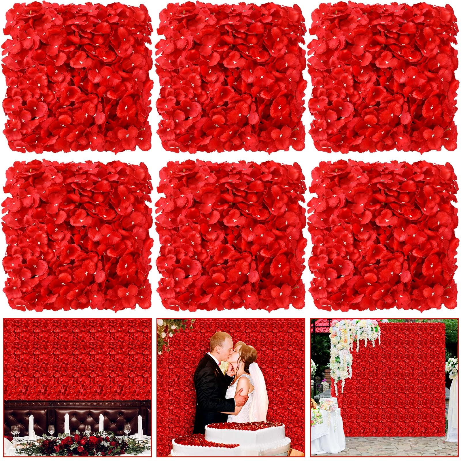 Tigeen 6 Pcs Flower Wall Panels 3D Silk Rose Floral Wall Decorative Faux Flower Wall Background for Wedding Home Decoration Background Shop Party Photo Arrangement (Red,15 x 15 Inch)