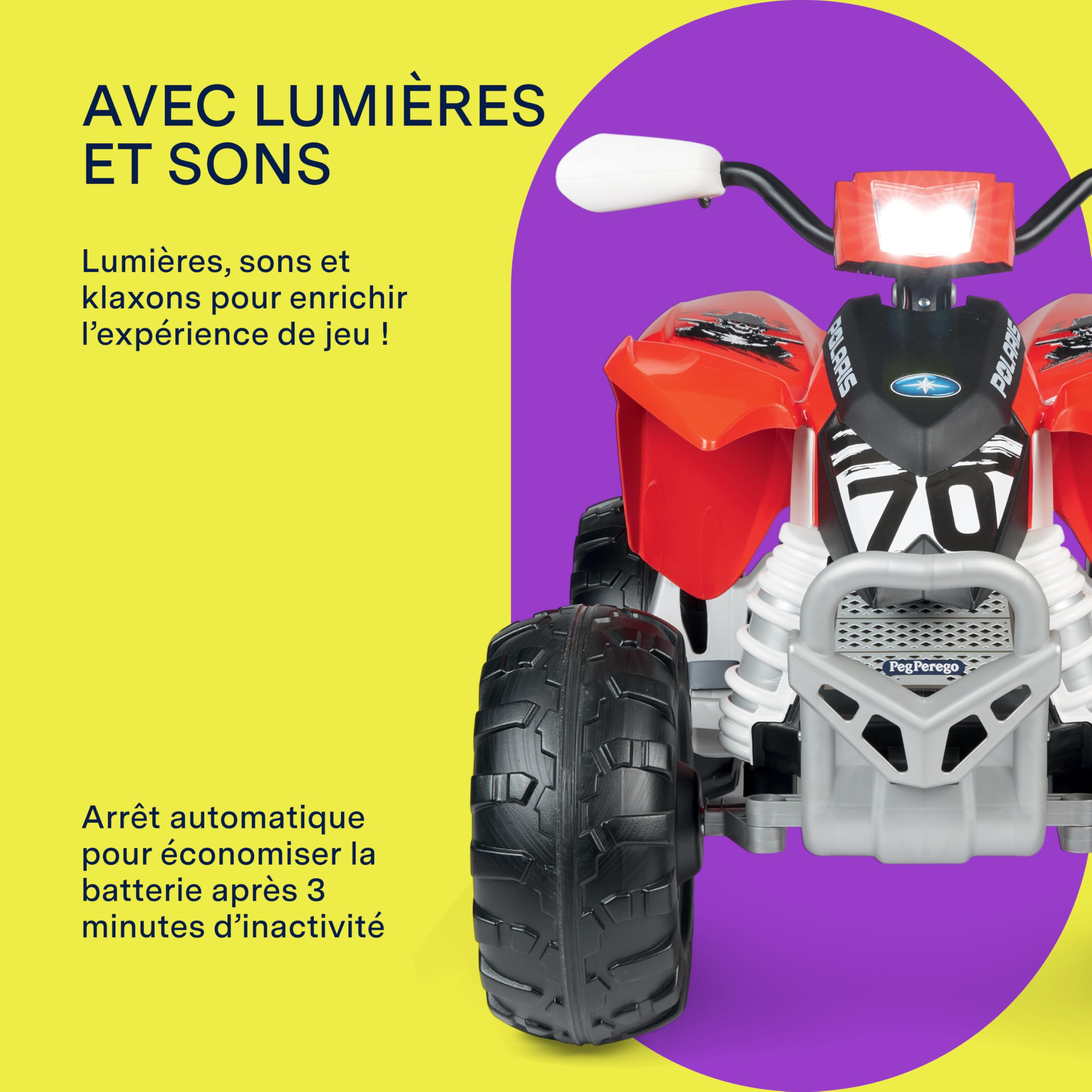 PEG Polaris Outlaw 330W Quad Électrique pour Enfants dès 3 Ans, Véhicule Électrique avec Batterie Rechargeable 12V, Tableau de Bord Multifonction, Musique, Lumières et Sons