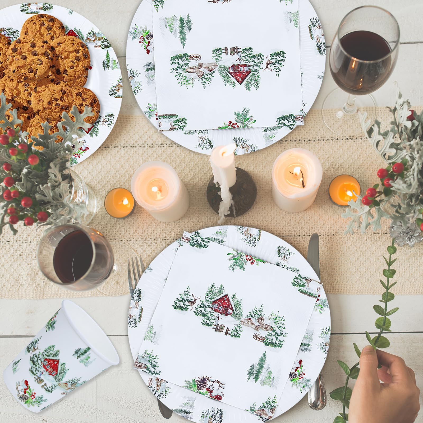 Service De Table Jetable Noël 112 Pièces - Pour 16 Personnes, Thème Flocons De Neige
