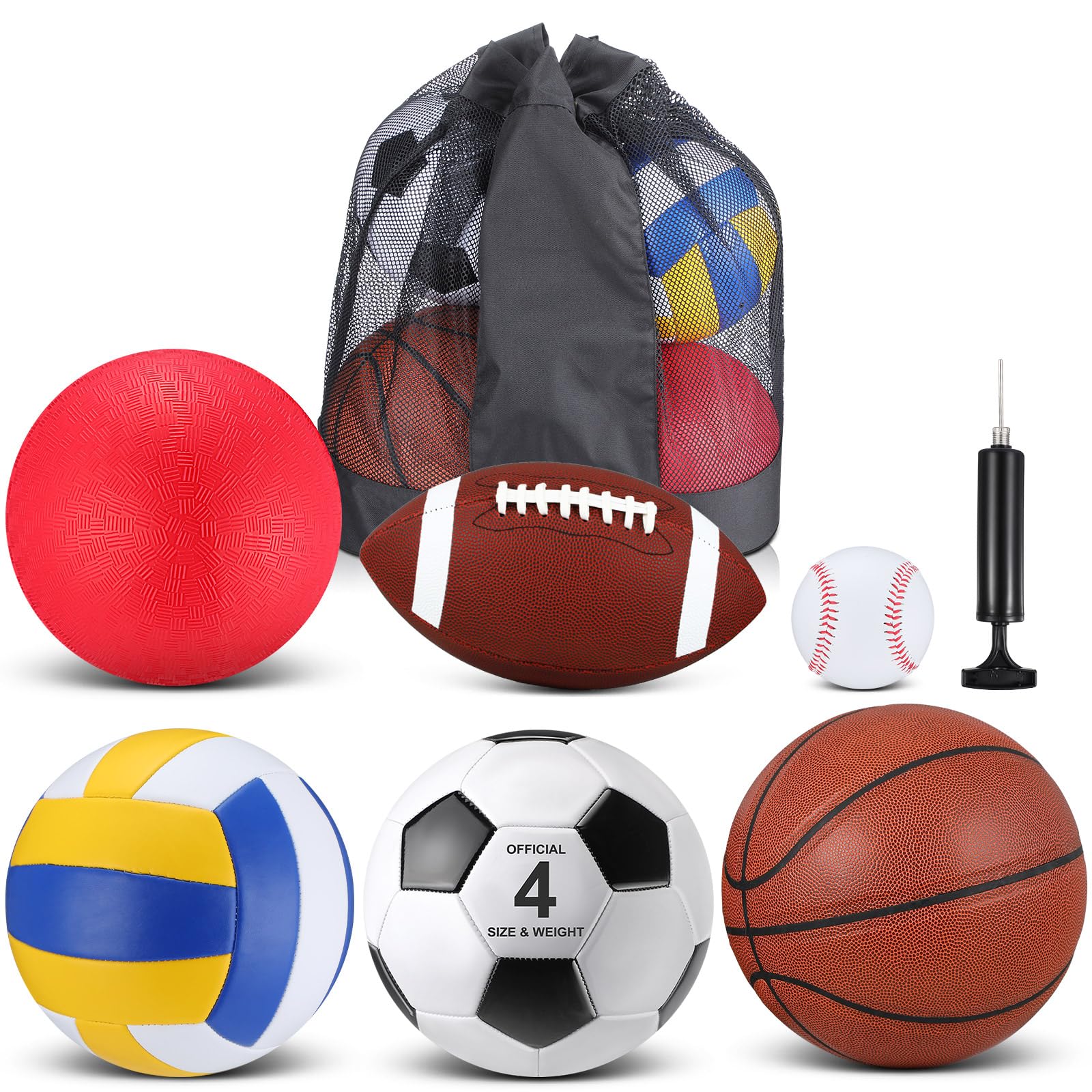 Realspring 6 Pcs Kids Sport Balls Set with Drawstring Bag | Includes Size 4 Soccer, Basketball, Football, Volleyball, Playground Ball, Baseball with Pump for Teens Outdoor Sport Play