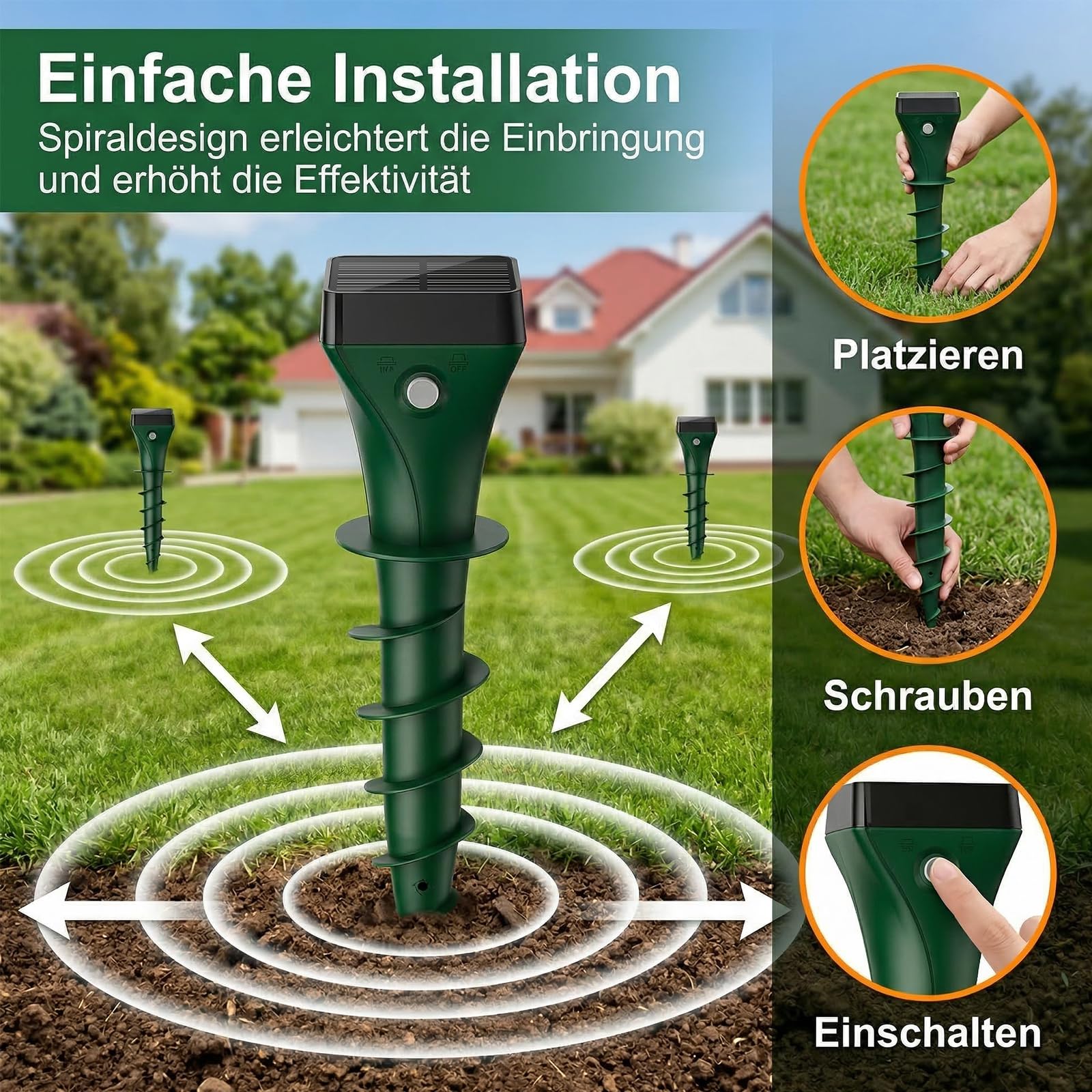 Confezione da 4 repellenti per talpe, vincitore del test, repellente solare per talpe, a ultrasuoni, per esterni, giardino, prato, impermeabile e silenzioso