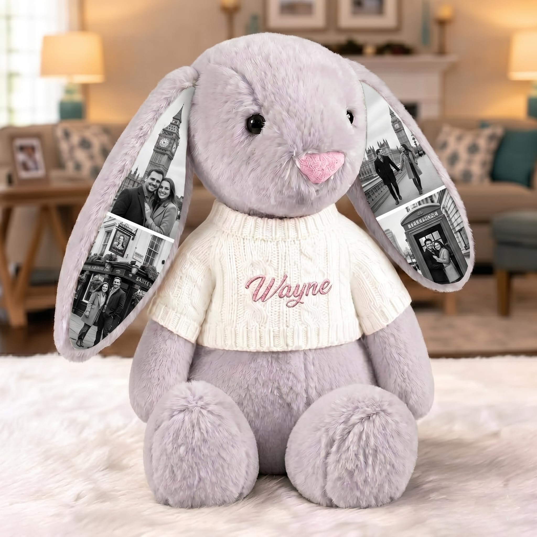 VEELU Personalised Photo Bunny Teddy Custom Picture Bunny Plush Hidden Ear Personalised Wedding Anniversary Birthday Gifts for Women Men Couple Friend 26cm/40cm โ image 1