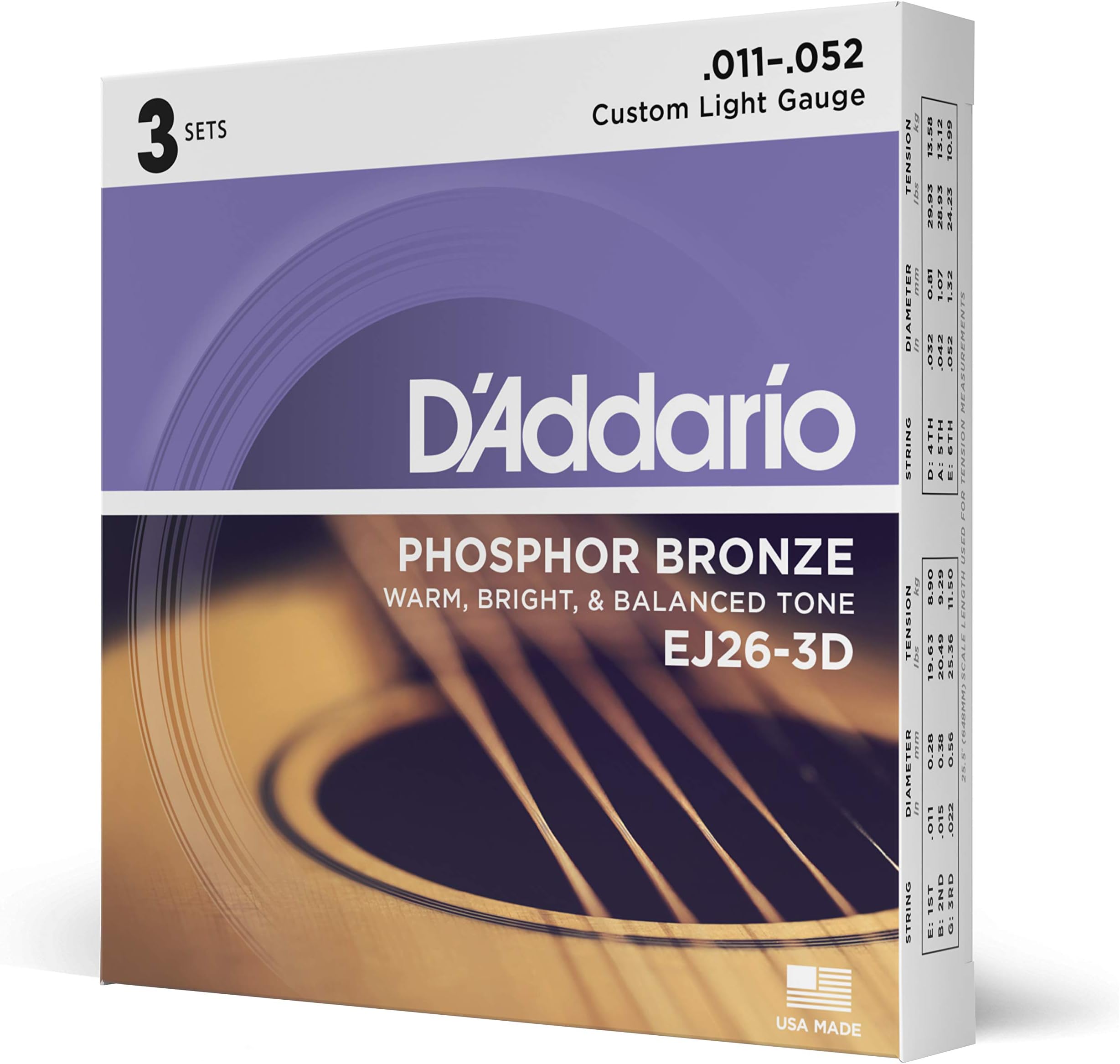 Guitar Strings - Phosphor Bronze Acoustic Guitar Strings - EJ26-3D - Rich, Full Tonal Spectrum - For 6 String Guitars - 11-52 Custom Light, 3-Pack