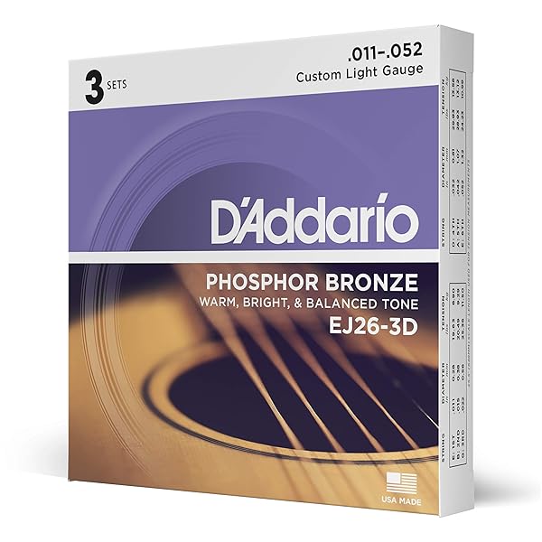 D'Addario Acoustic Guitar Strings, Phosphor Bronze, EJ26-3D, Custom Light Gauge 11-52, 6-String Set, Pack of 3