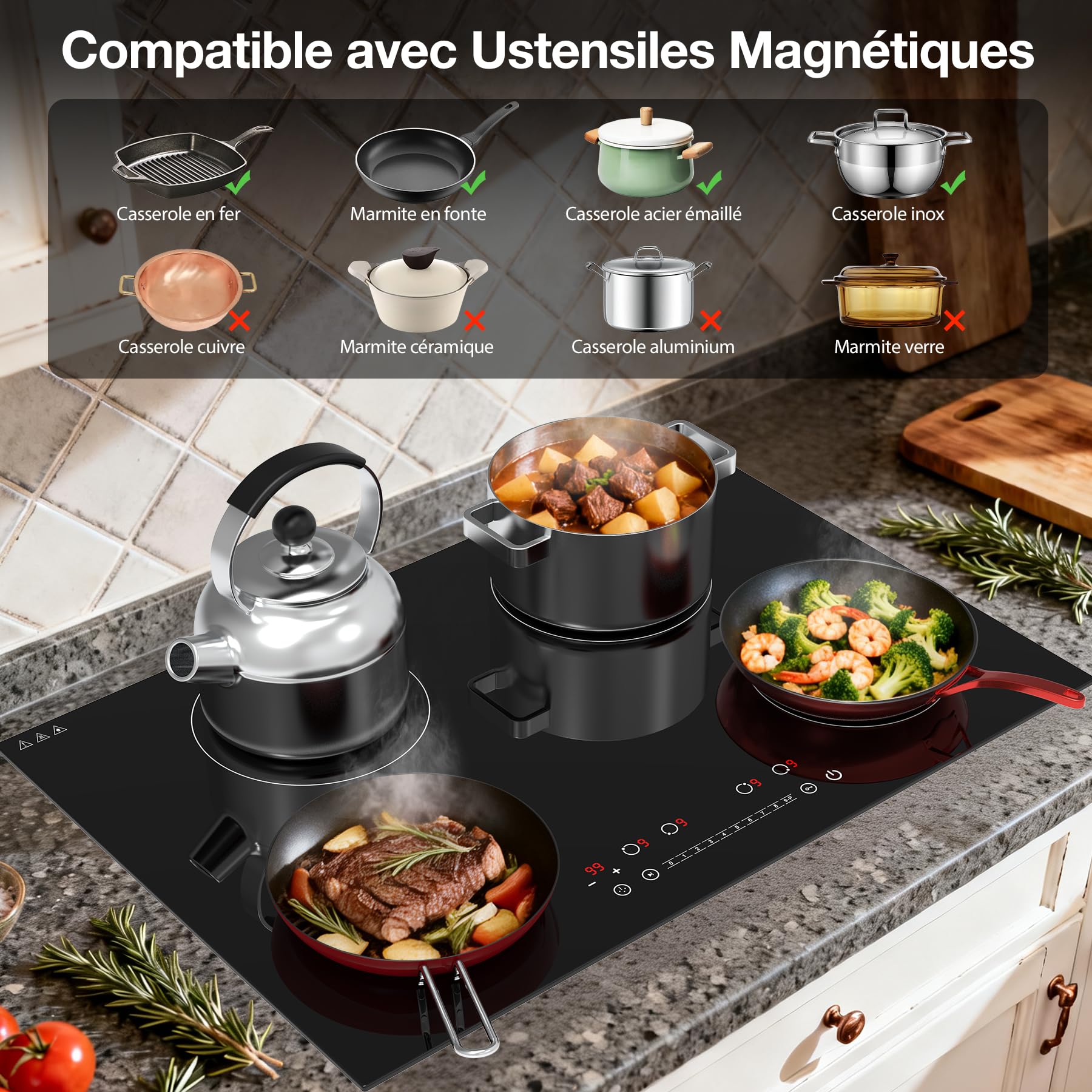 Plaque Induction 4 Feux 6400W, Plaque de Cuisson Électrique Encastrable 77cm avec Fonction Boost, Contrôle Tactile 9 Niveaux, Minuterie Indépendante et Verrouillage Enfant pour Grandes Cuisines