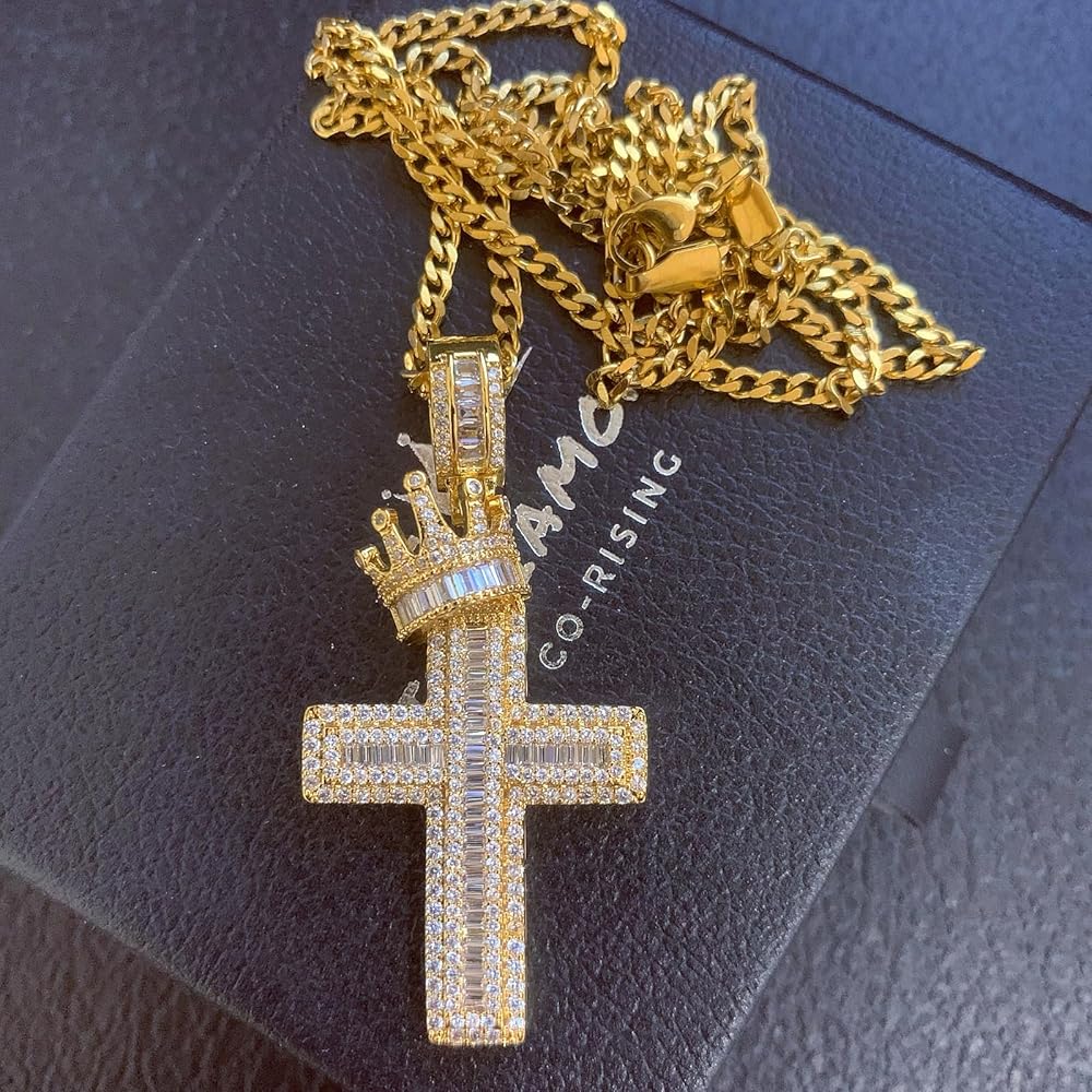 ICEDIAMOND 14K Iced Out Royal Crown Cross Pendant Chain Necklace