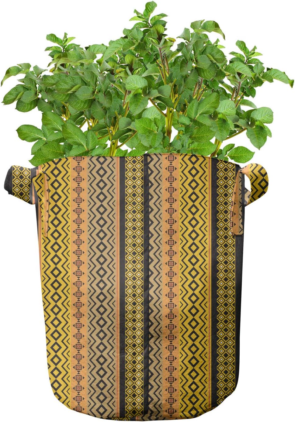 Lunarable Prehistoric Grow Bags 5-Pack, Geometric Rhombus Chevron, Heavyduty Fabric Pots with Handles for Plants, Multicolor