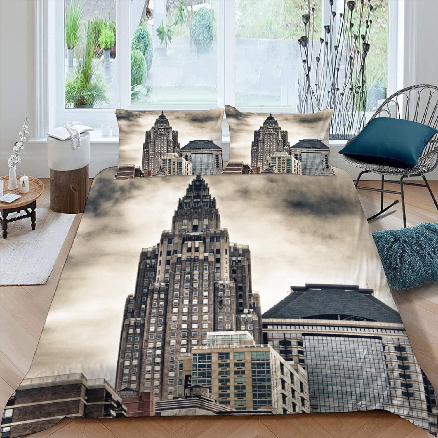 New York Dekbedovertrek dubbel, 3D-print City building dekbedovertrekken New York beddengoed set zachte microvezel dekbedovertrek met kussenslopen en rits C2697