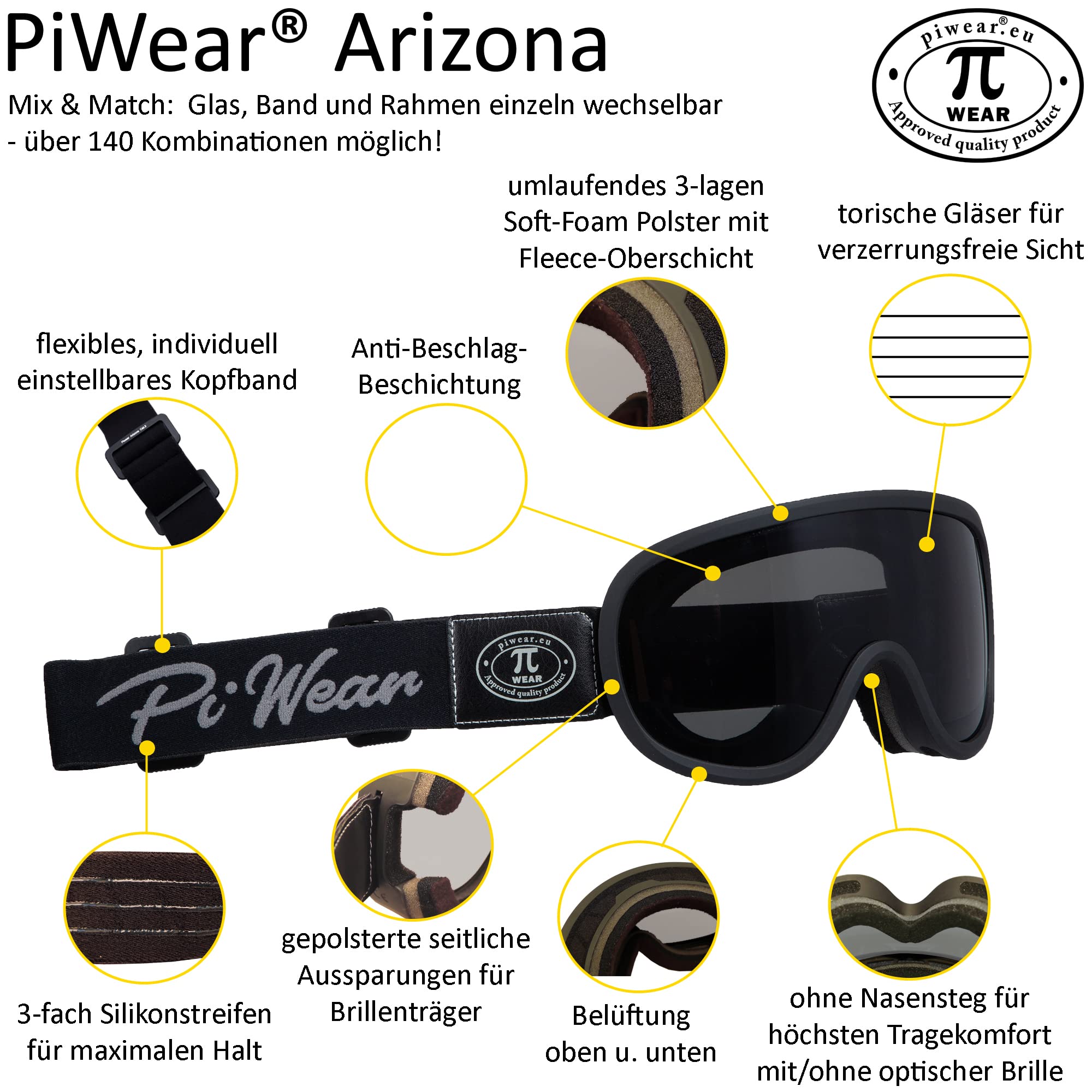 PiWear Arizona Marrone | Occhiali da moto retrò per portatori di occhiali con vetro marrone antivento antivento UV400