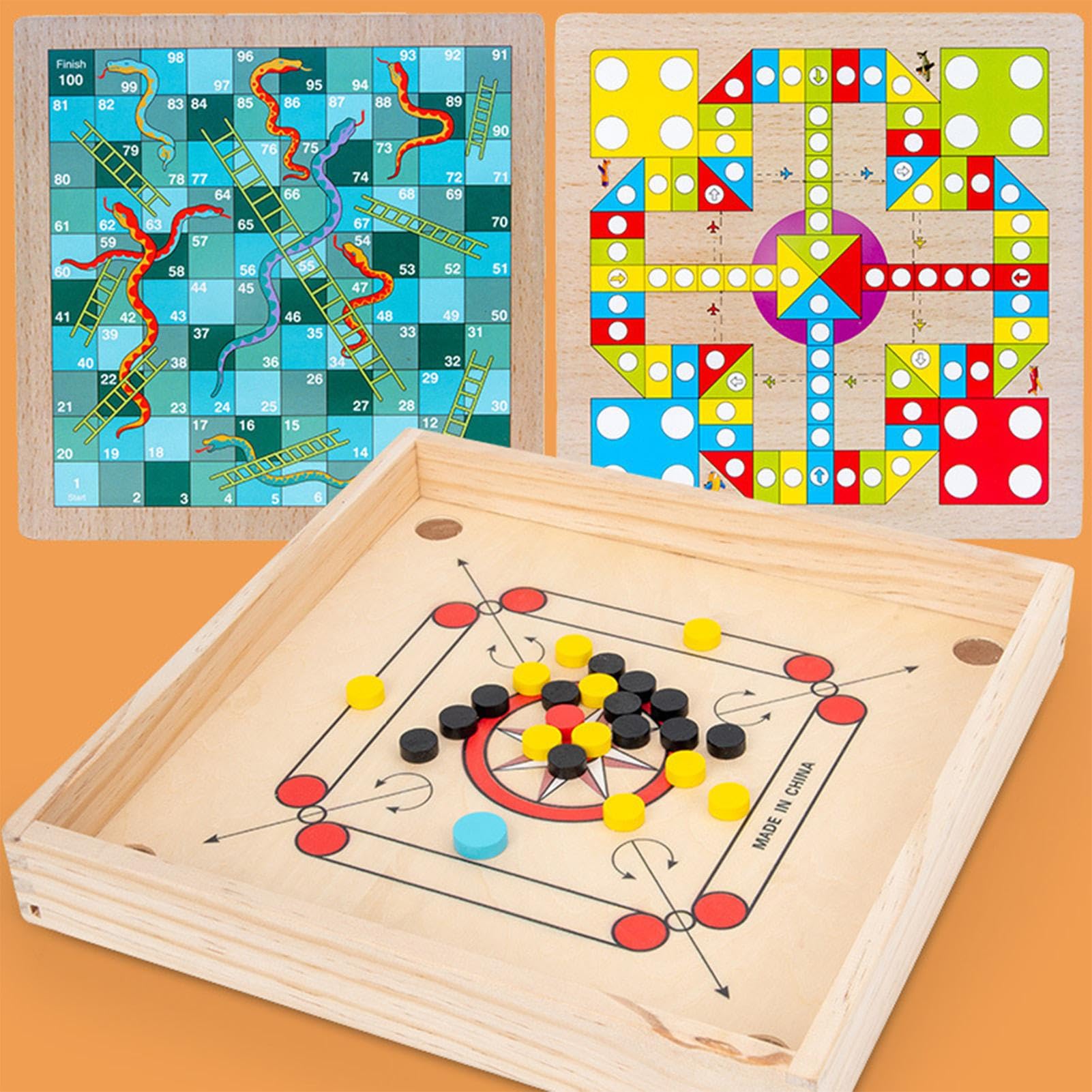 Carroms Game, Wooden Classic Strike Game, Coin-Included Set, 30.8cm/12.12inches, Portable Outside, Family Fun, Smooth Carroms Board for Indoor Entertainment