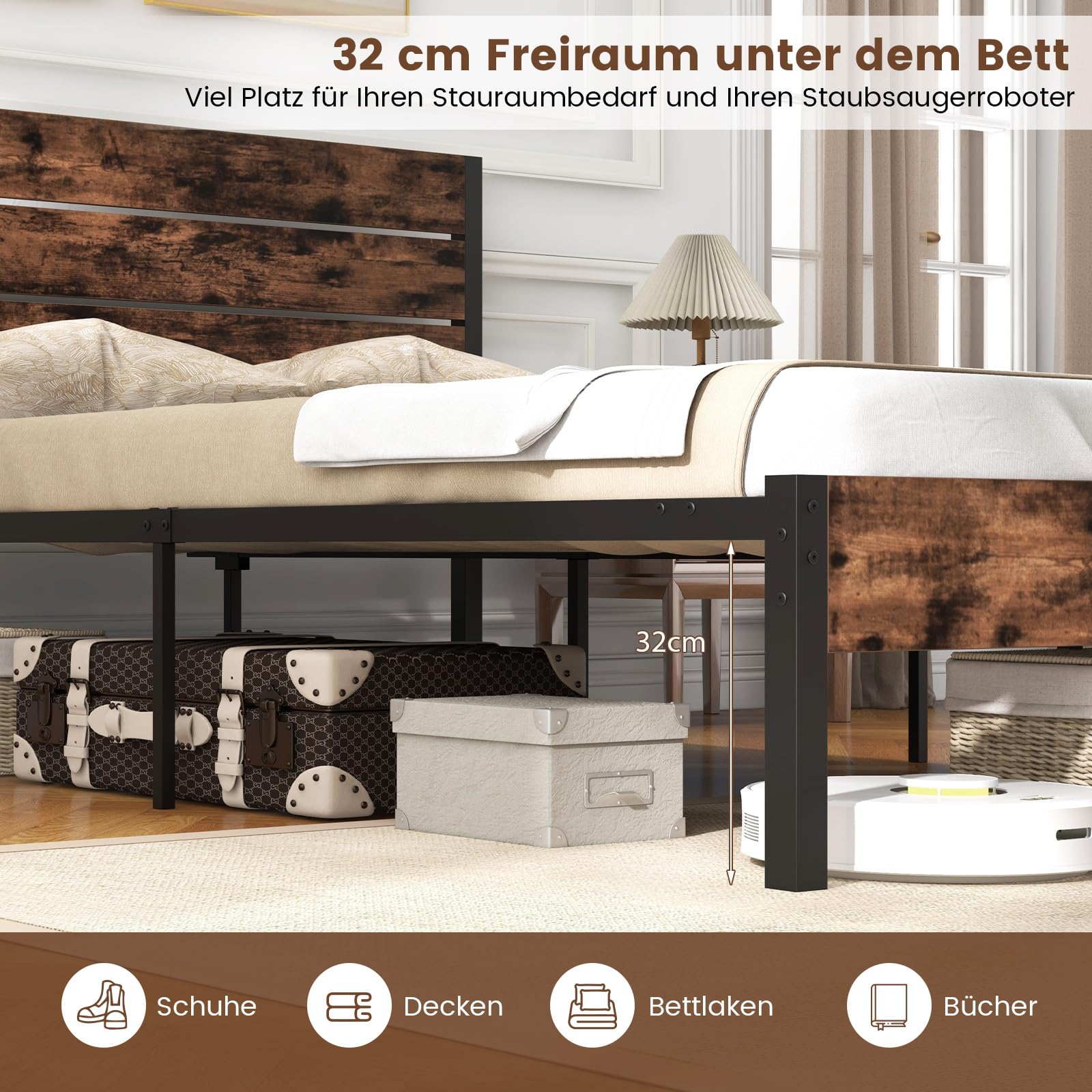 COSTWAY Metalowa rama łóżka na materac 200 x 140 cm, podwójna rama łóżka, rama łóżka z stelażem i miejscem do przechowywania pod łóżkiem, metalowa platforma, łóżko dla gości, przemysłowa podstawa