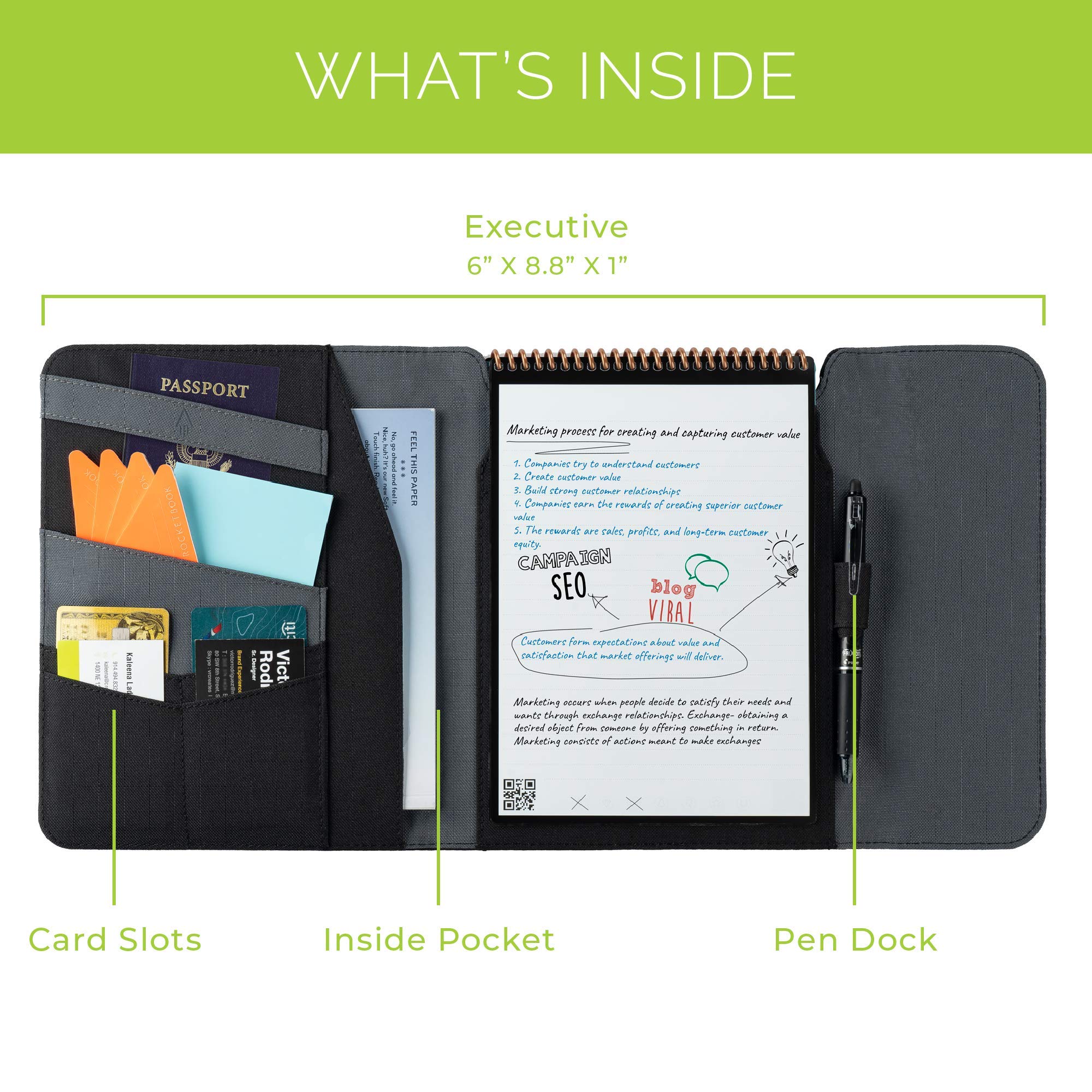 Rocketbook - Protège-carnet 100% Recyclable avec Porte-Stylo, Fermoir magnétique et Espace de Rangement intérieur - Noir, Format Executive 15,2 x 22,4 cm (Cap-FLP-E-CGN)