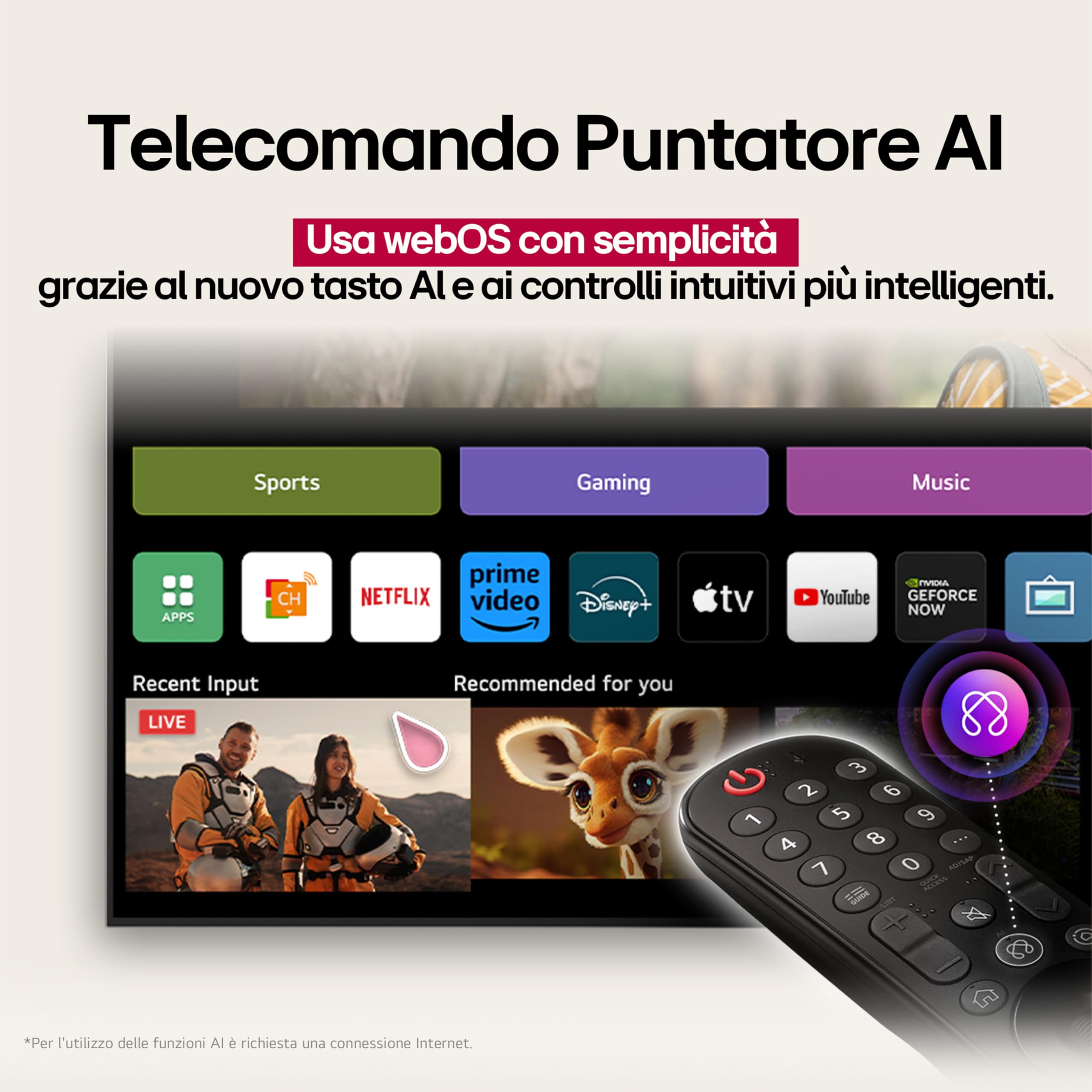 LG QNED AI QNED70 Smart TV 55 pollici 4K, Processore α7 Gen8, Dynamic QNED Color, webOS con AI e telecomando puntatore AI, Gaming con VRR 4K@60Hz, 55QNED70A6A 2025