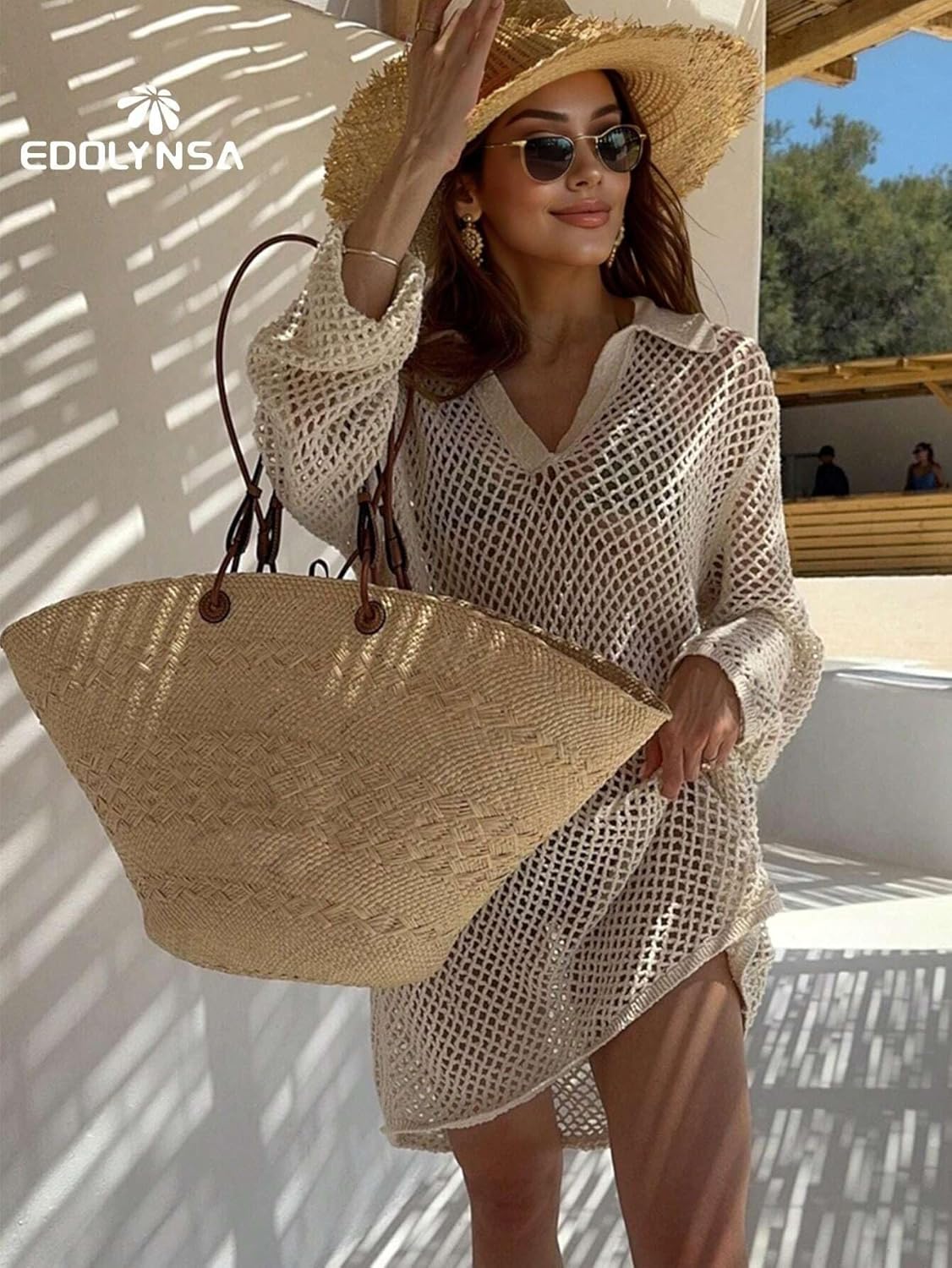 Solid Knit Beachdress Women's Summer Sexy Hollow Out Long Sleeve Swimsuit Cover Up Loose Beachwear cover ups for swimwear
