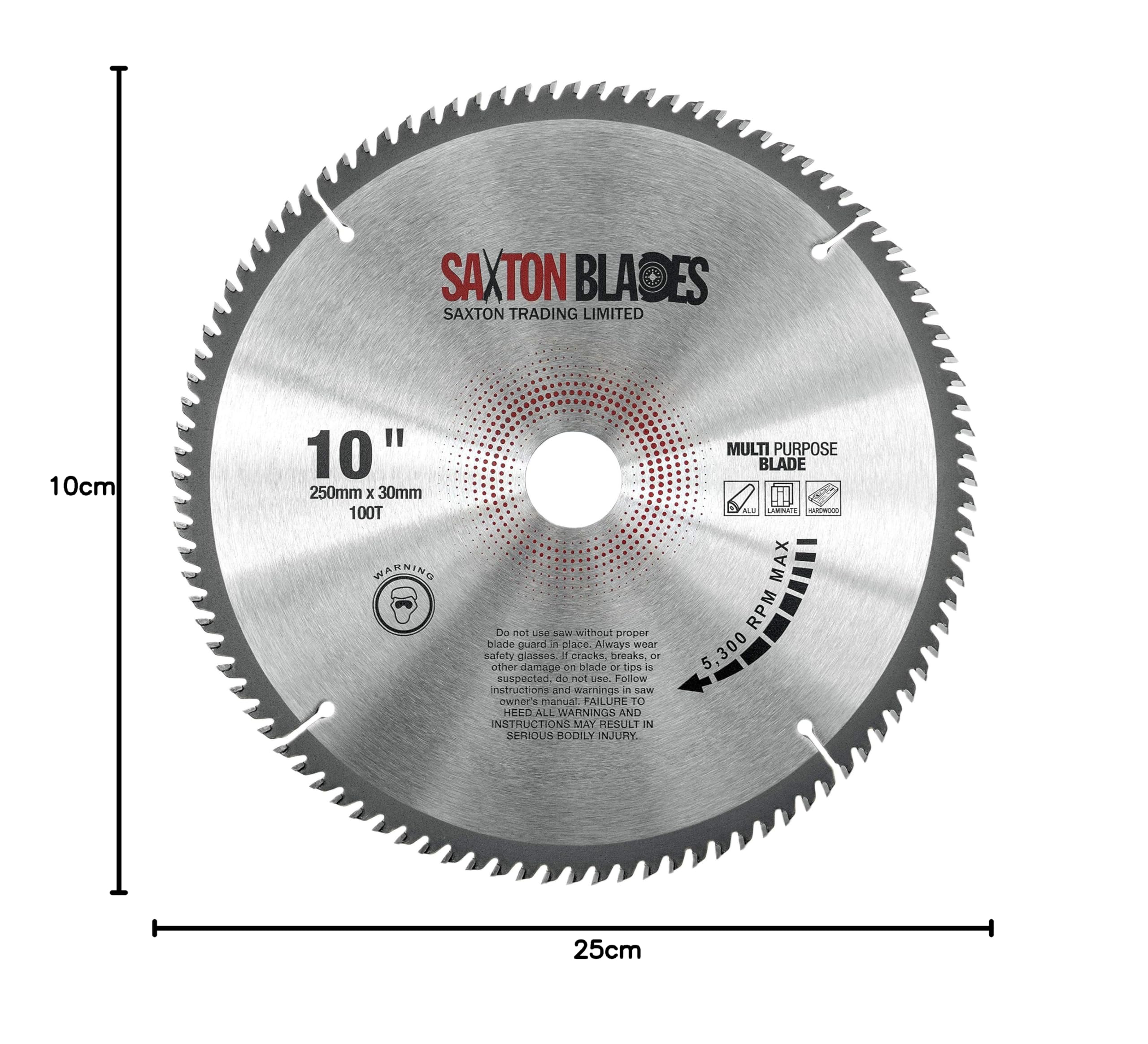 TCT250100TTCG Saxton TCT lama per sega circolare 250 mm x 100 T x 30 mm foro (16, 20, 25 mm e 25,4 mm anello) alluminio laminato legno duro