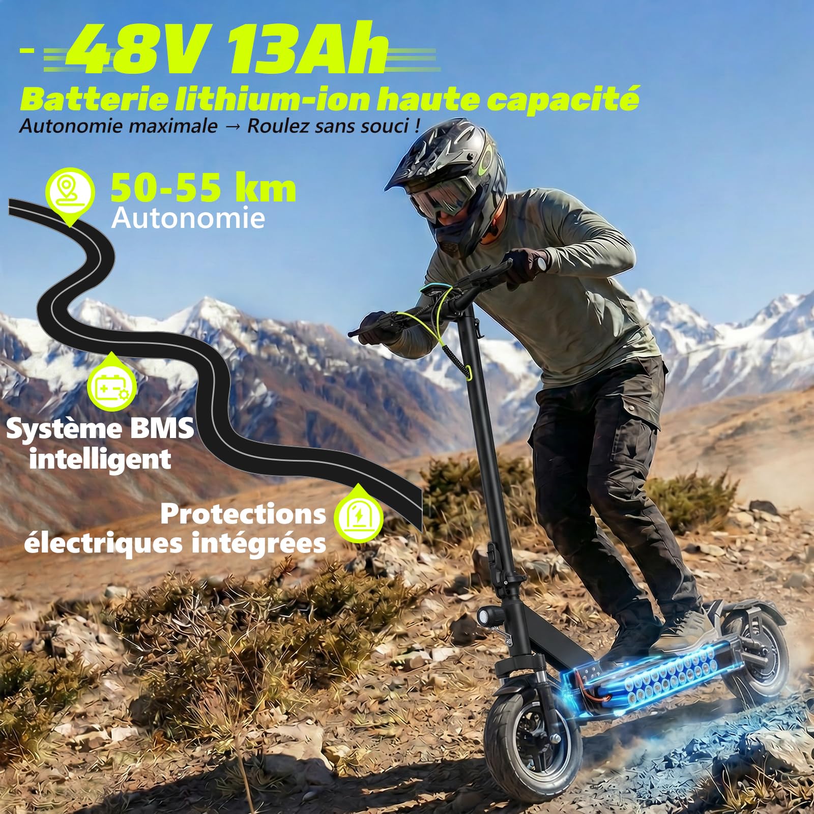 Trottinette Électrique Adulte Puissante Tout-terrain, Moteur 2000W Autonomie jusqu’à 80 km, Batterie 48V (13Ah / 18,2Ah / 20,8Ah), Double Suspension, Antivol, Trotinette Electrique Adulte Ultra Legere