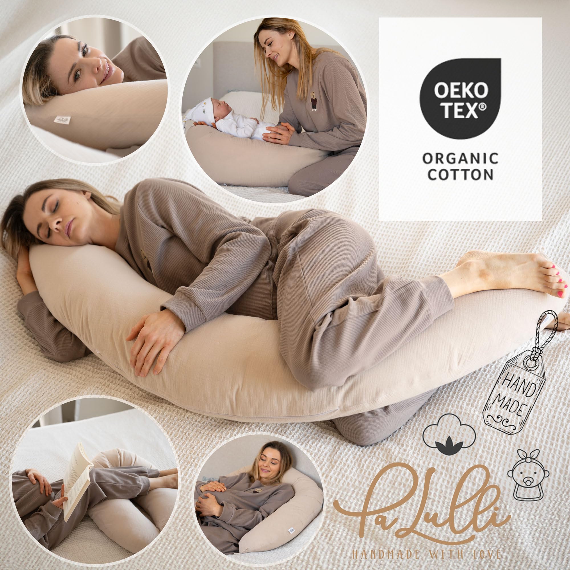 PaLulli® Cuscino ergonomico XXL per allattamento 190 x 30 cm con rivestimento in cotone mussola biologico, ideale per gravidanza e chi dorme sul fianco, comfort e sostegno per adulti e mamme (verde)