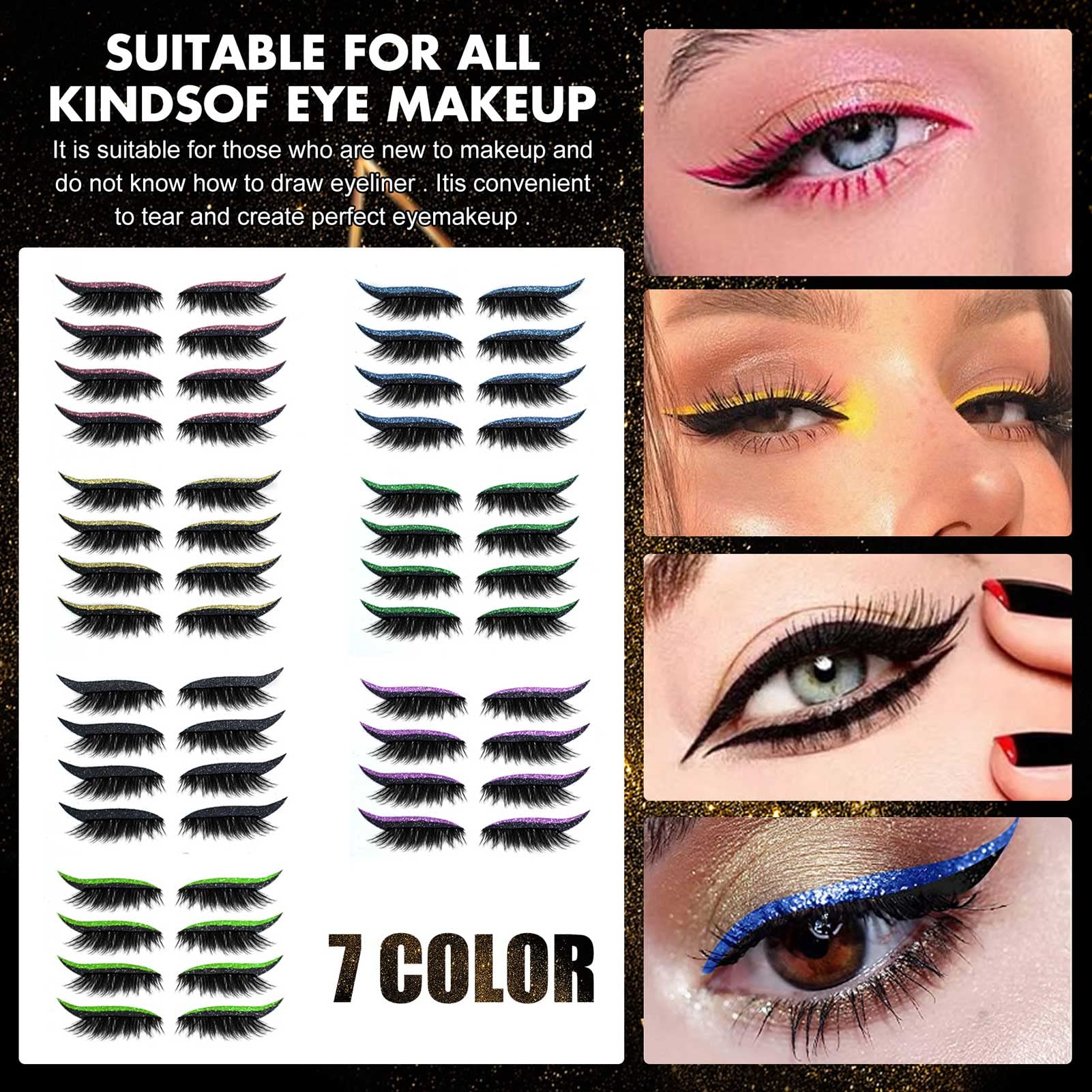 Pongnas 4 Pary Naklejek na Eyeliner Wielokrotnego Użytku, Wodoodporne, Trwałe Płatki na Rzęsy w Odważnych Kolorach, z Wieloma Opcjami Kolorystycznymi dla Wszystkich Typów Oczu