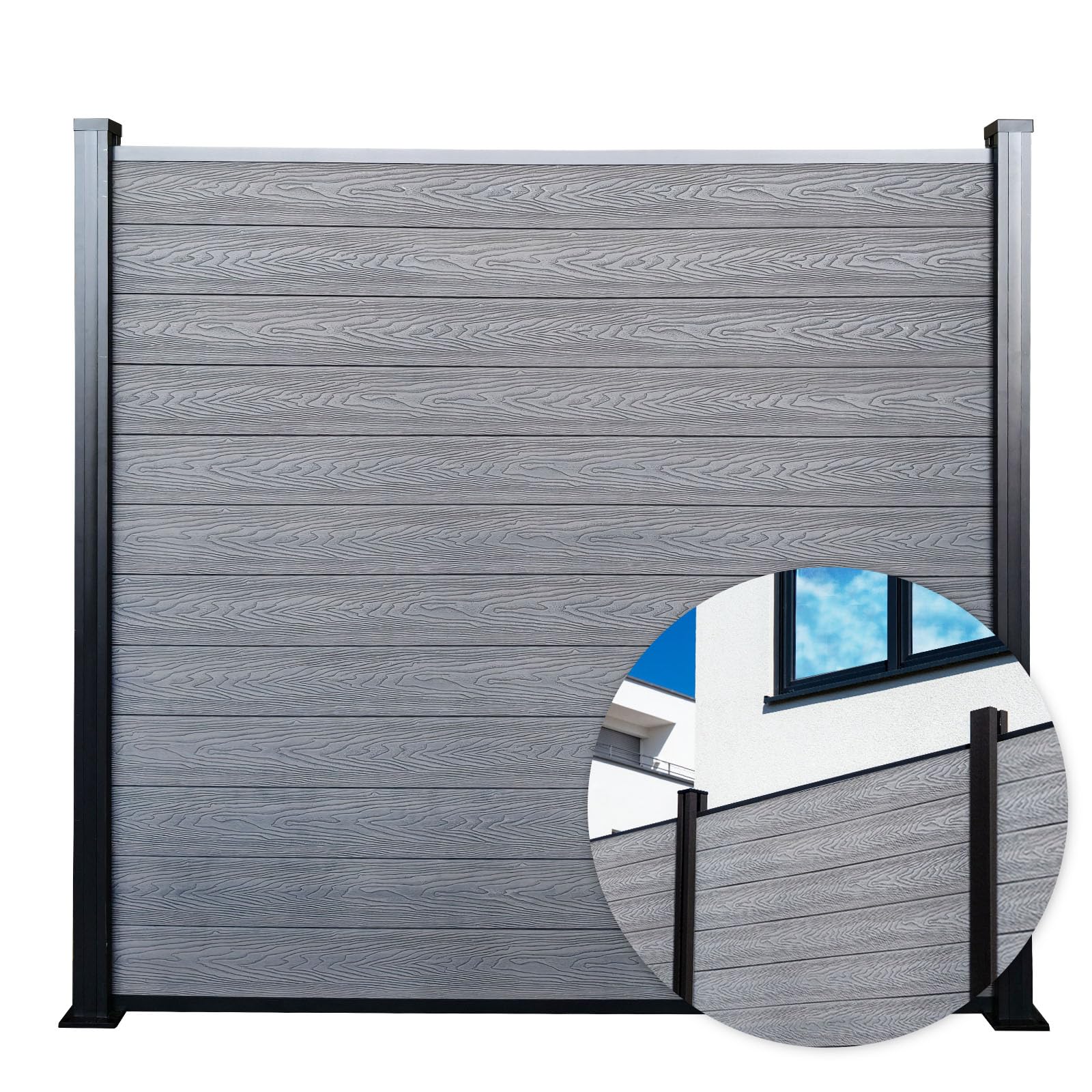 Floordirekt Ogrodzenie ogrodowe 180x180cm z aluminiowymi słupkami - kompletny płot WPC Kronos - płot zabezpieczający - osłona przeciwwietrzna i zabezpieczenie dla tarasu i ogrodu - w zestawie materiał