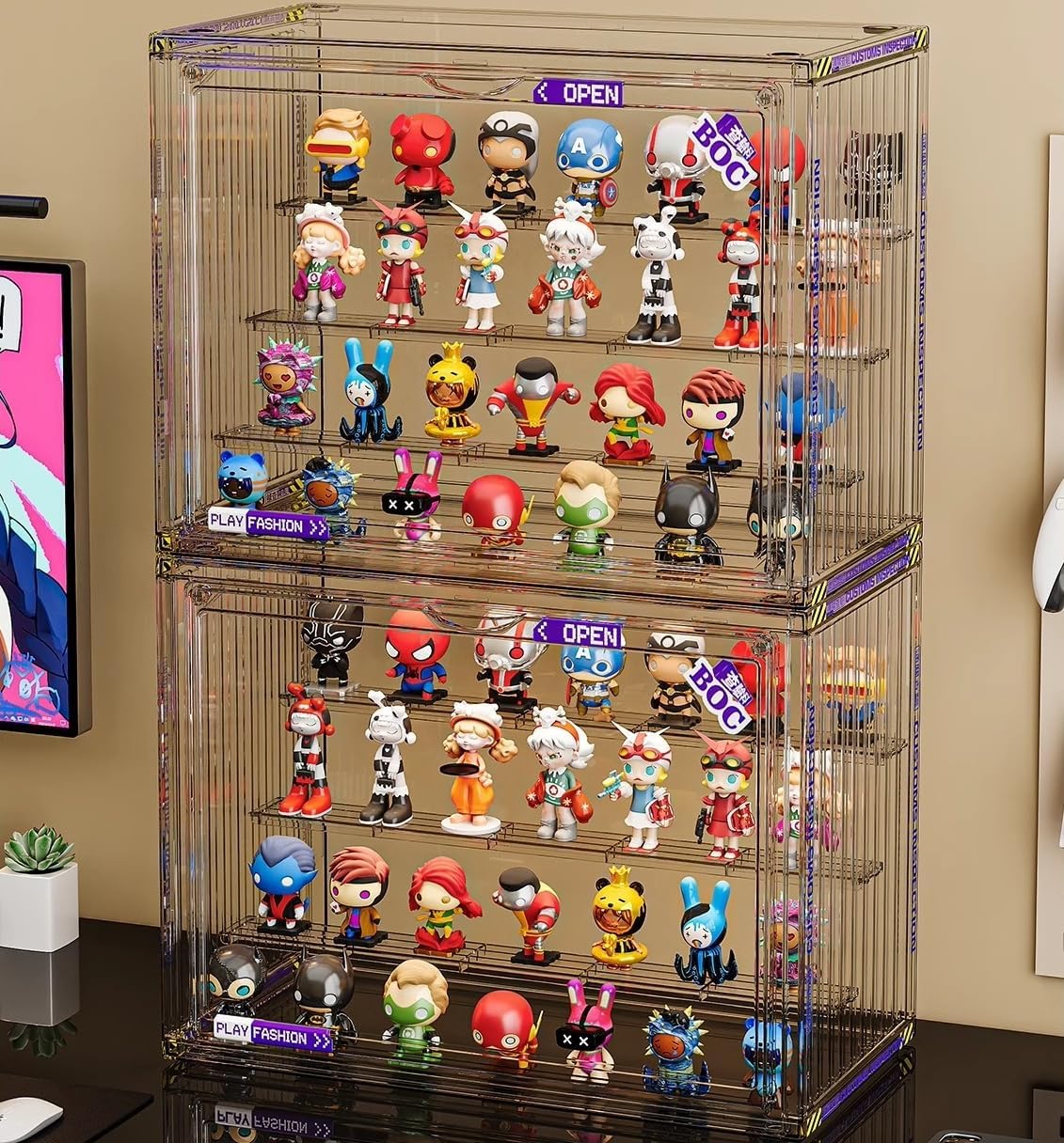 Clear Display Case for Figures, Adjustable Display Box, Acrylic Figure Display Case with Magnetic Door, Clear Stackable Display Box for Action Figures, Pop Mart, Funko Pop, Collectibles(Clear, 2 Pack)