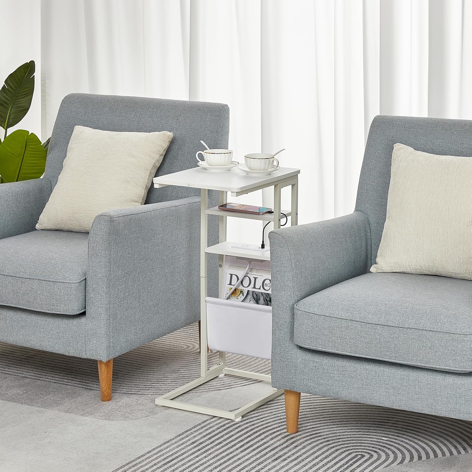 C Shaped End Table with Charging Station, 28"(H) 3-Tier C Table with Storage Bag, Under Couch Table C-Shaped End Table with Storage Shelves and Bag for Living Room, Bedroom, or Office