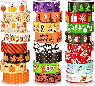 Whaline 24 Rolls Fall Halloween Washi Tape Set Autumn Leaves Pumpkin Ghost Bat Holiday Washi Tape Xmas Tree Santa Decorative Halloween Thanksgiving Xmas Tape for Scrapbook Journal DIY Art Craft