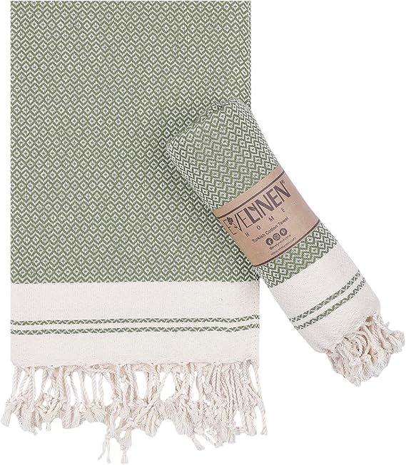 Evelynen Turkish Hand Towels for Bathroom & Kitchen Towels Decorative Set of 2 | Boho Farmhouse Hand Towels with Hanging Loops for Face, Tea, Dish, Kitchen & Bath | Turkish Cotton (16" x 32" - Khaki)
