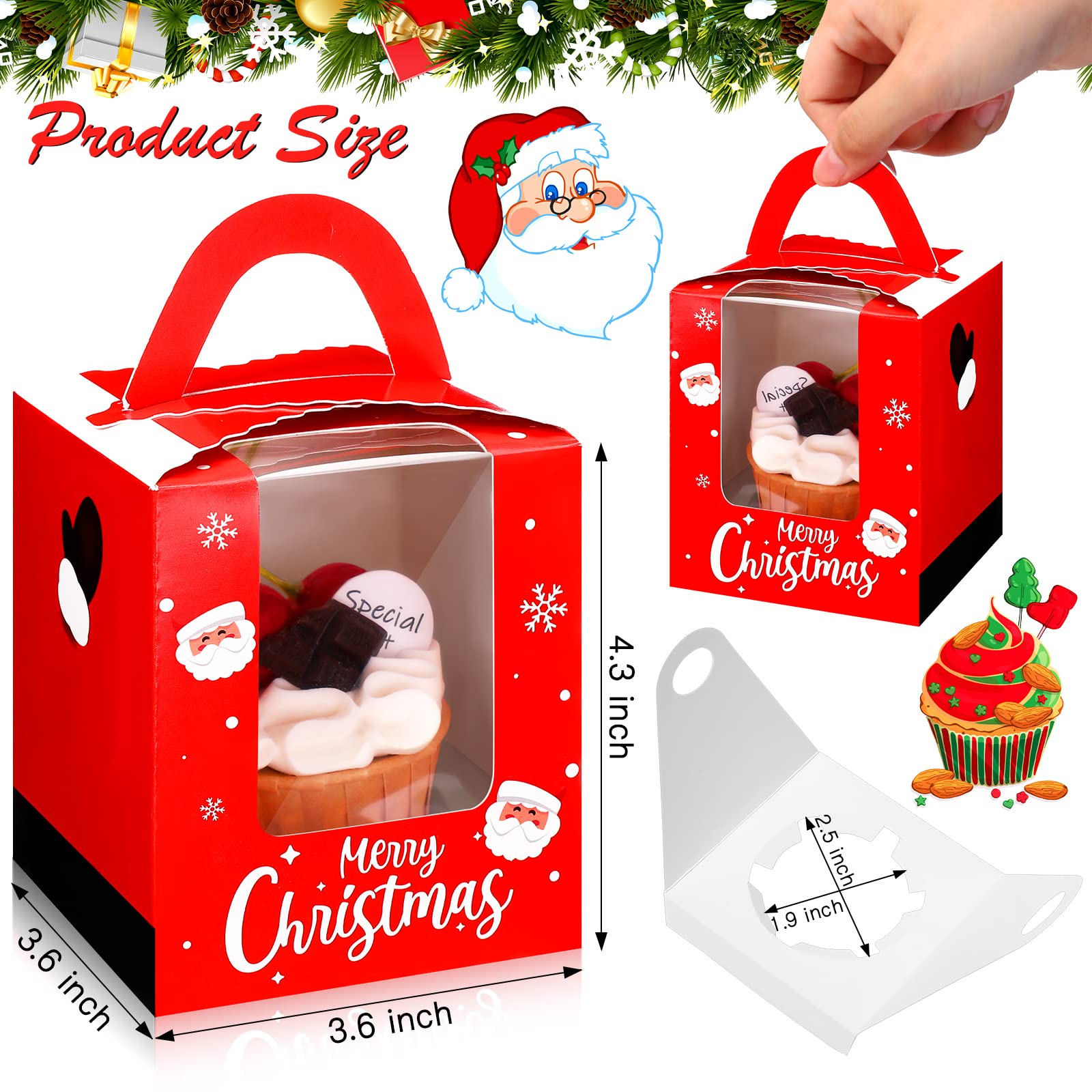 24 Weihnachts-Cupcake-Boxen Mit Fenster – 9,4x9,4x10,2 Cm, Mit Griff, Für Kekse & Gebäck