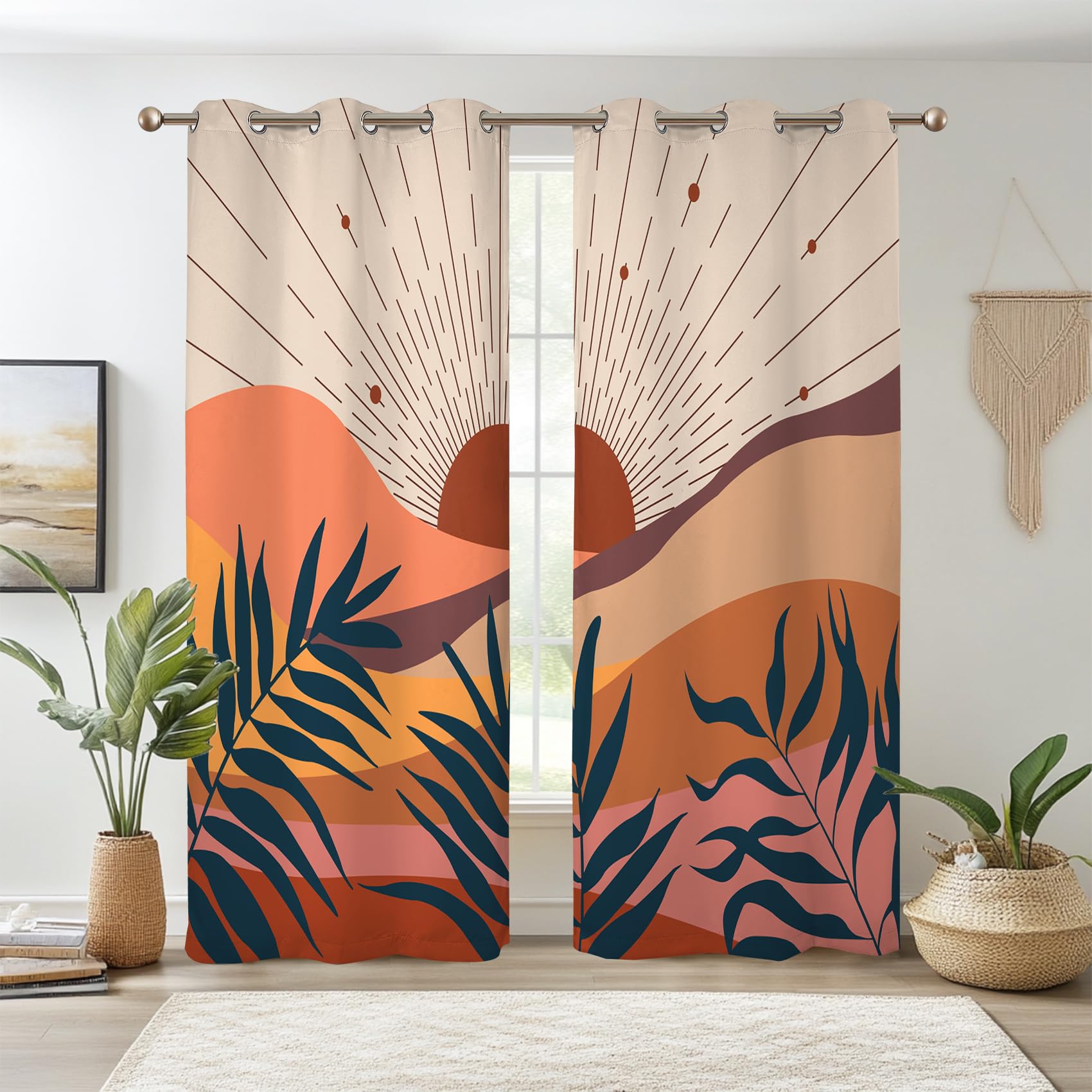 Renaiss Mid Century Curtains, Abstract Terracotta Mountain Blackout Window Drapes for Living Room, Aesthetic Sun Window Curtain Panels for Bedroom,