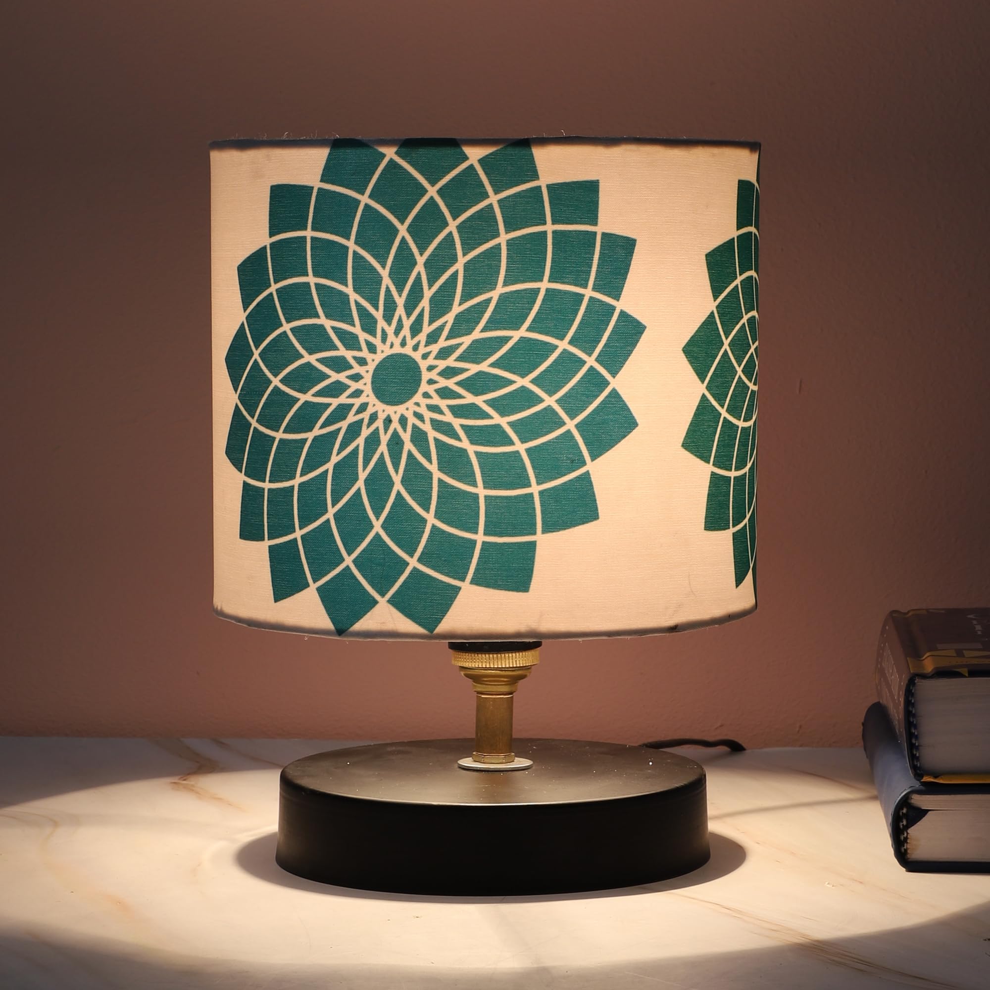 tu casa Metal Base Circular Bed Side Table Top Dahlia Floral Print with Satin Shade Lamp for Home Decoration Bedroom Living Room Lounge Office Festival Gifting Study Table (H- 9 Inch, Bulb Not Incl)