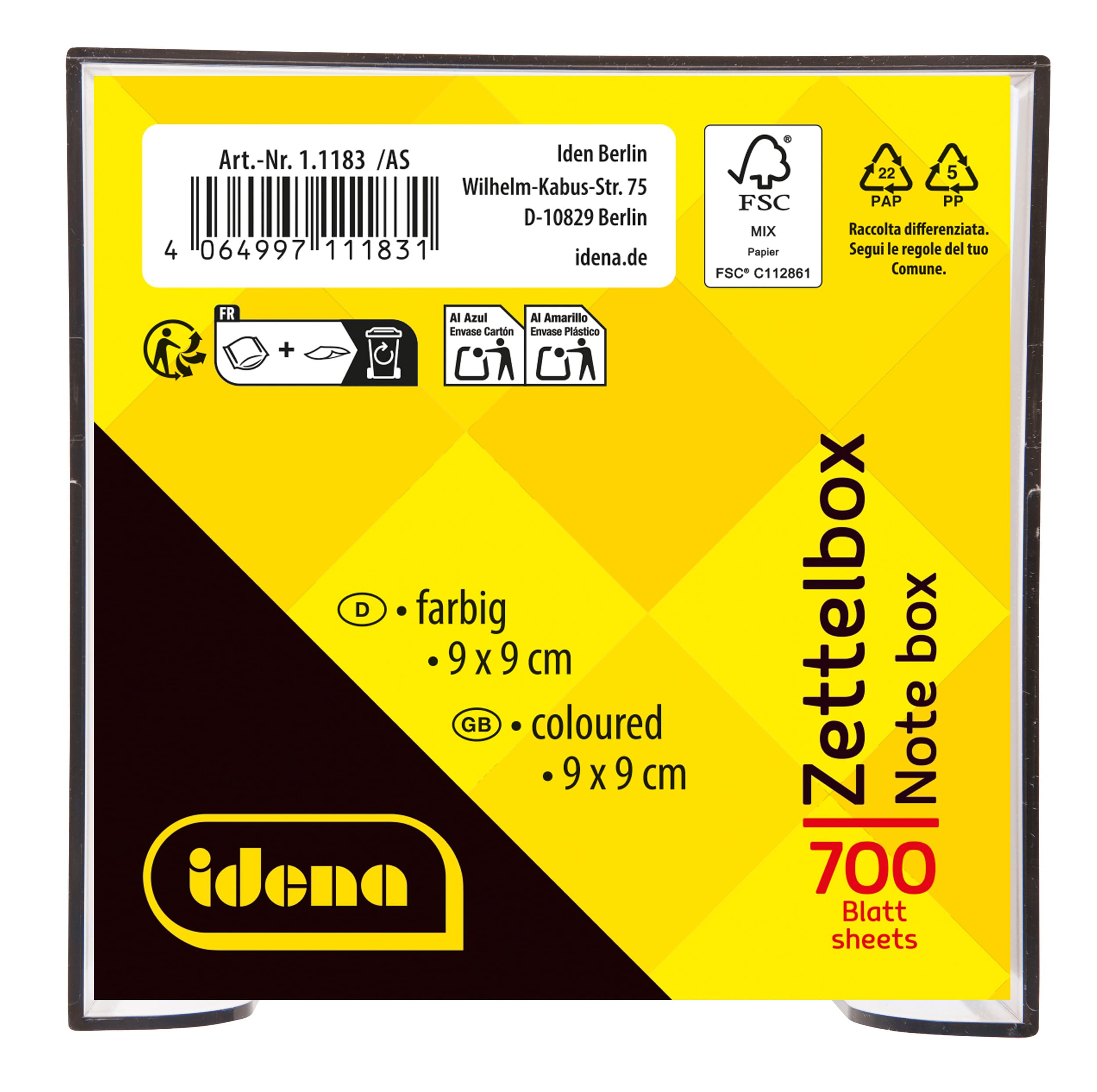 Idena 11183 - Pudełko na notatki, przezroczyste, 9 x 9 x 8 cm, z notatnikiem na 700 kartek, papier FSC-mix w 4 kolorach