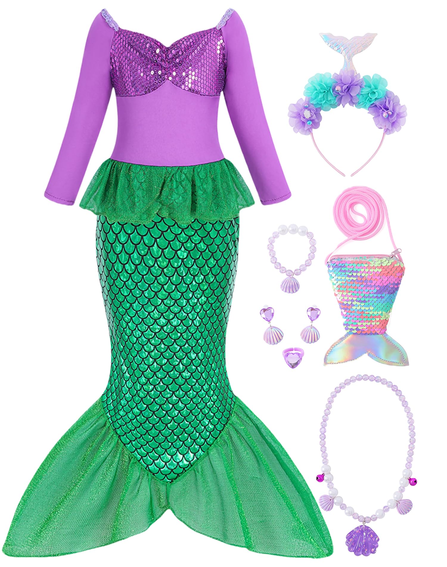 Little Girls Mermaid Costume Kid Princess Ariel Cosplay Dress Outfit Halloween Costume with Accessories Birthday Party
