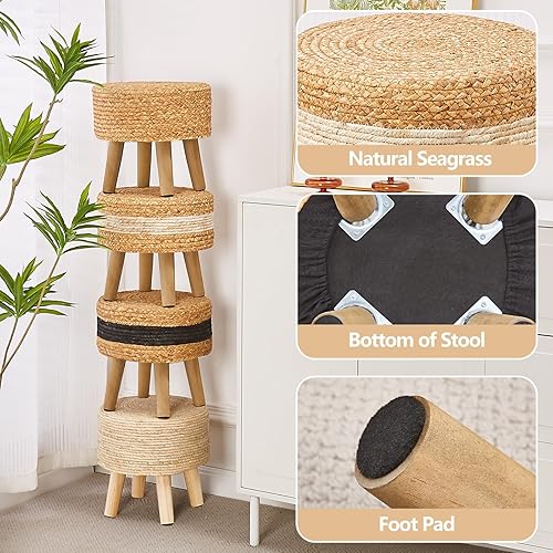 Miniatura 3 de Cpintltr Taburete redondo otomano natural de algas marinas tejido a mano, pufs de jacinto de agua ecológico, taburete suave, reposapiés acolchado