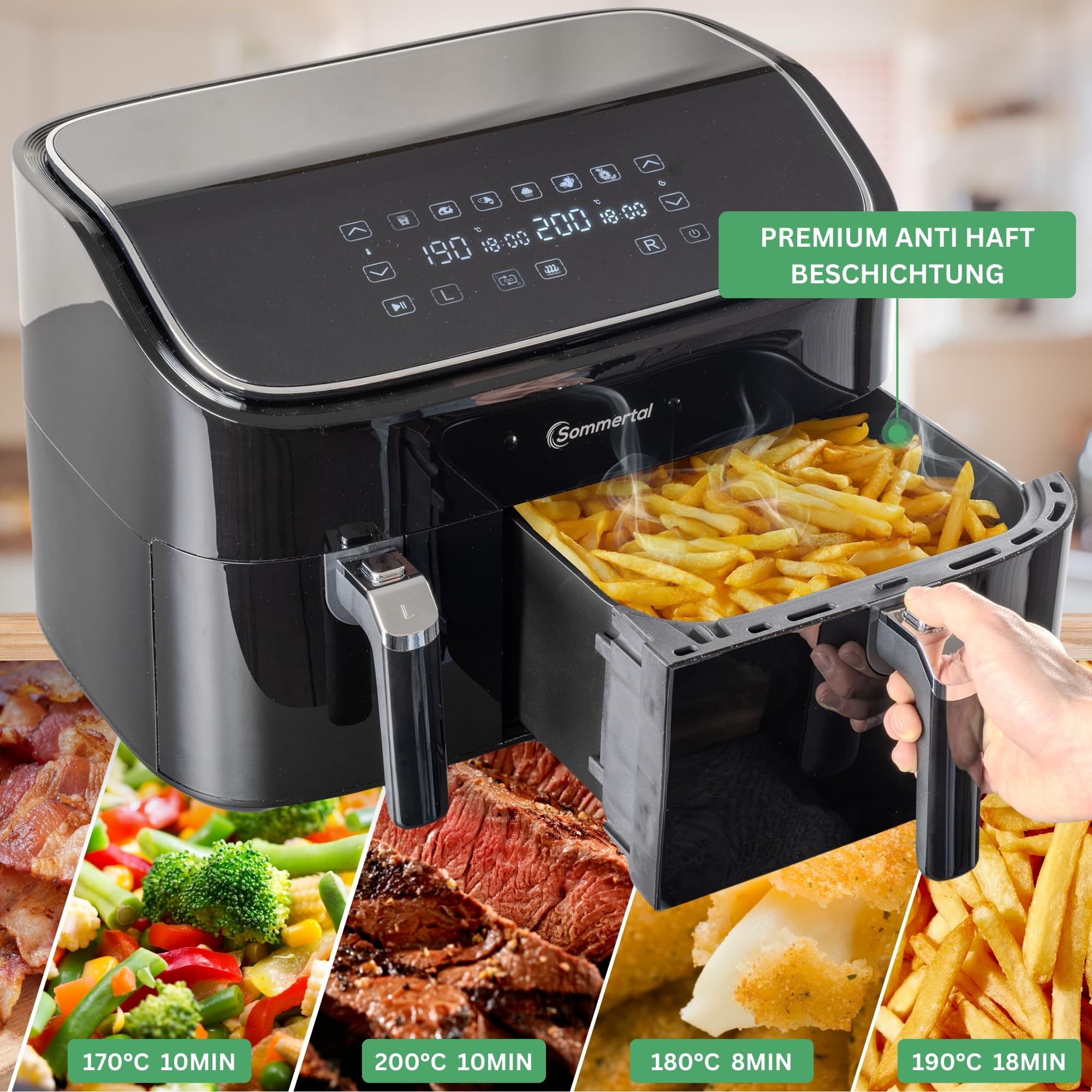 Sommertal HF DUAL 900, Heißluftfritteuse Doppelkammer 9 Liter, Airfryer mit 2 Körben, 2850 Watt, mit Dörrfunktion, Synchronisation, Touch-Display, 6 Programme, spülmaschinenfest, BPA-frei