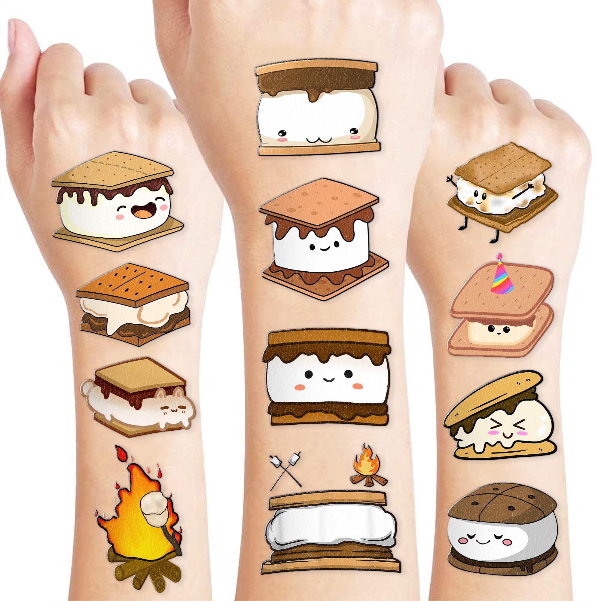 Cute S’mores Temporary Tattoos – Camping & Campfire Birthday Party Favors, Baby Shower Supplies, 5 Sheets 60PCS Stickers for Kids, Girls, Boys, Class Decor