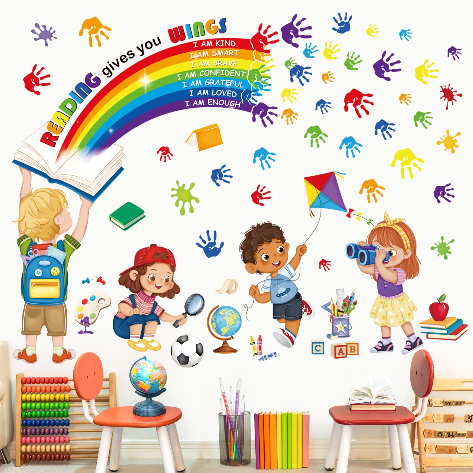 decalmile Rainbow Reading Corner Wall Decals Handprint Educational Quotes Reading Gives You Wings Wall Stickers Kids Playroom School Library Classroom Wall Decor